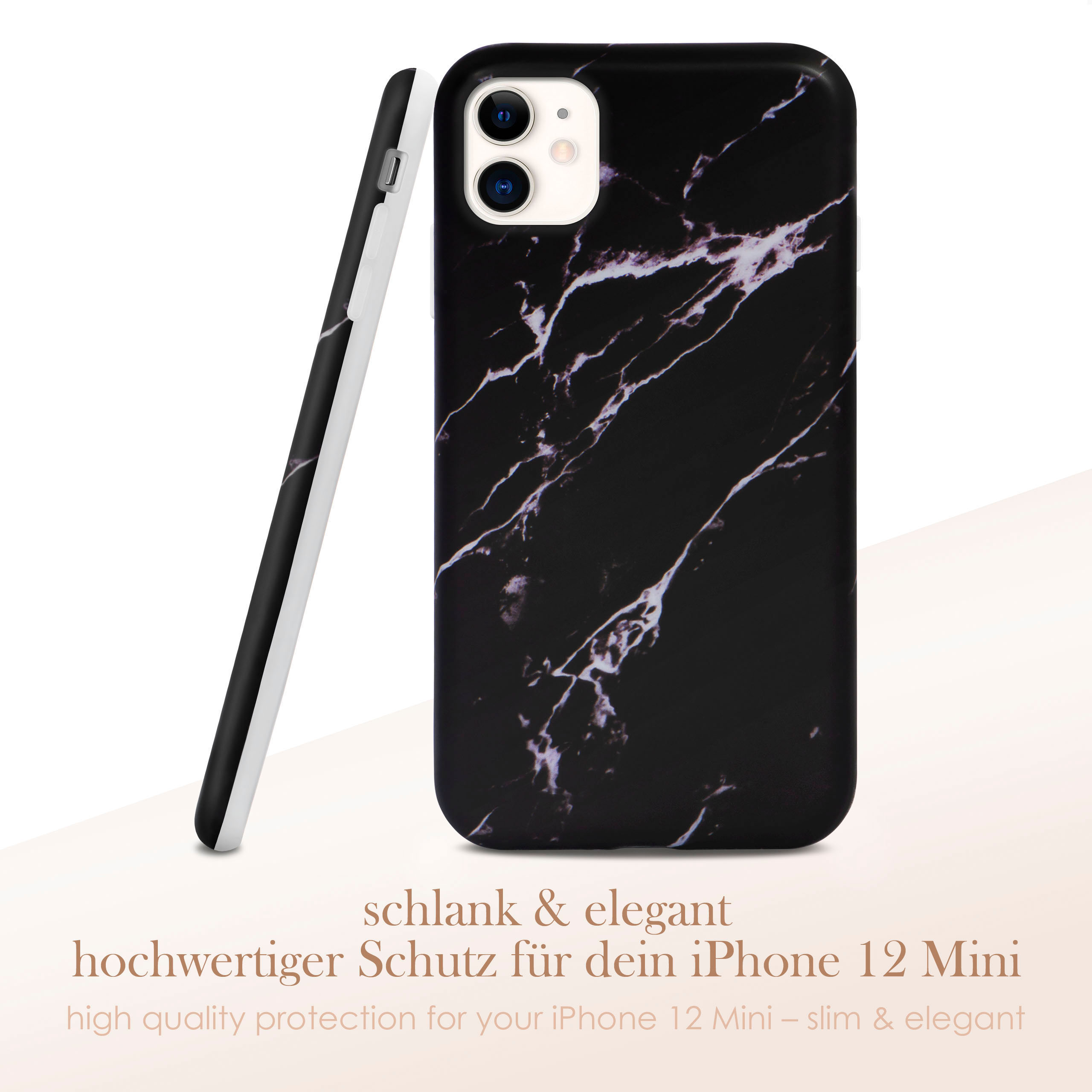 Schwarze Marmor-Handyhülle mit Text 'hochwertiger Schutz für dein iPhone'.