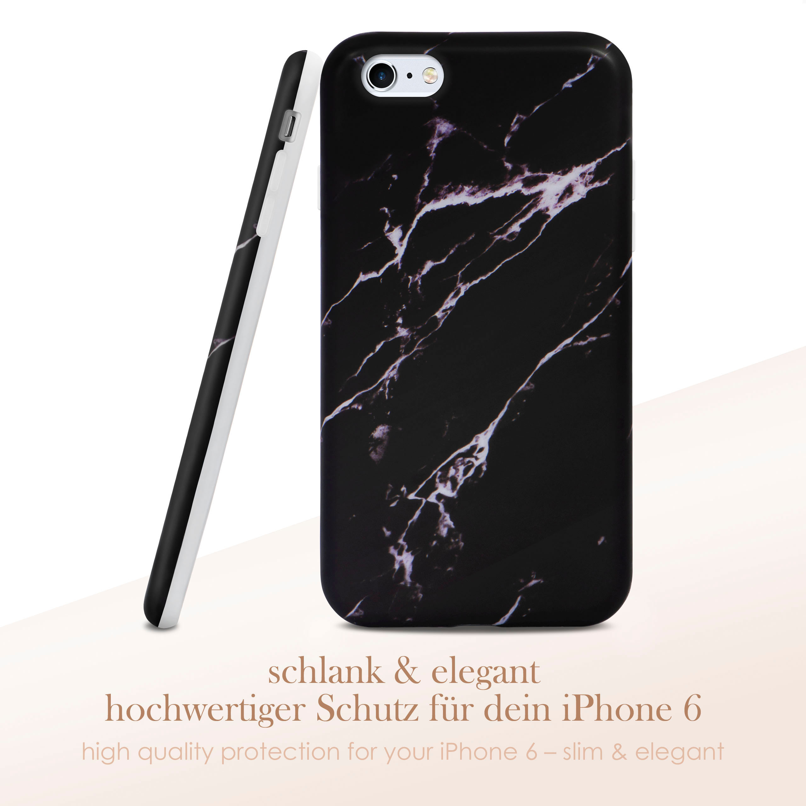 Schwarze Marmor-Handyhülle. Weiße Akzente. Die Hülle ist schlank und elegant.