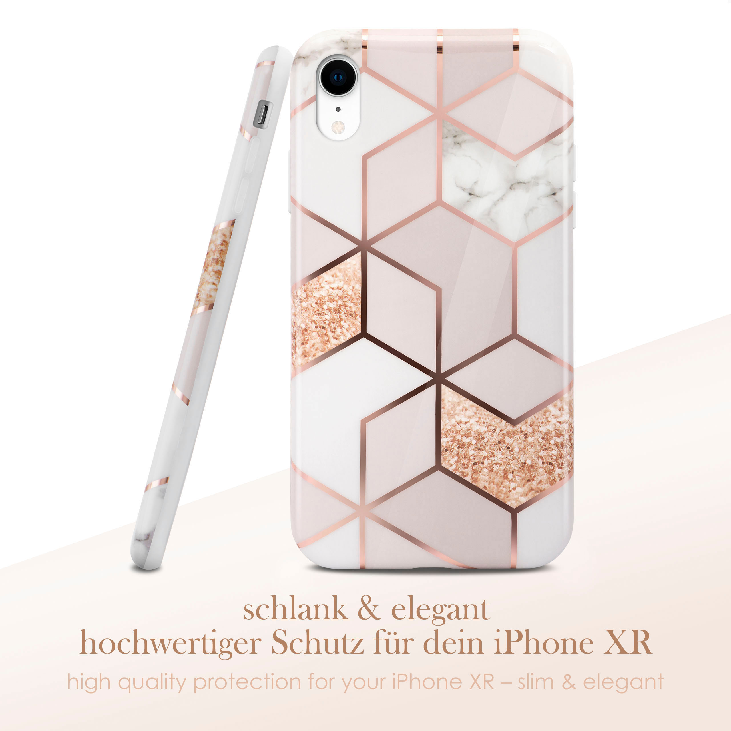 Weiße Handyhülle mit geometrischem Design, roségoldenen Akzenten und Marmorhintergrund. Text auf Deutsch.