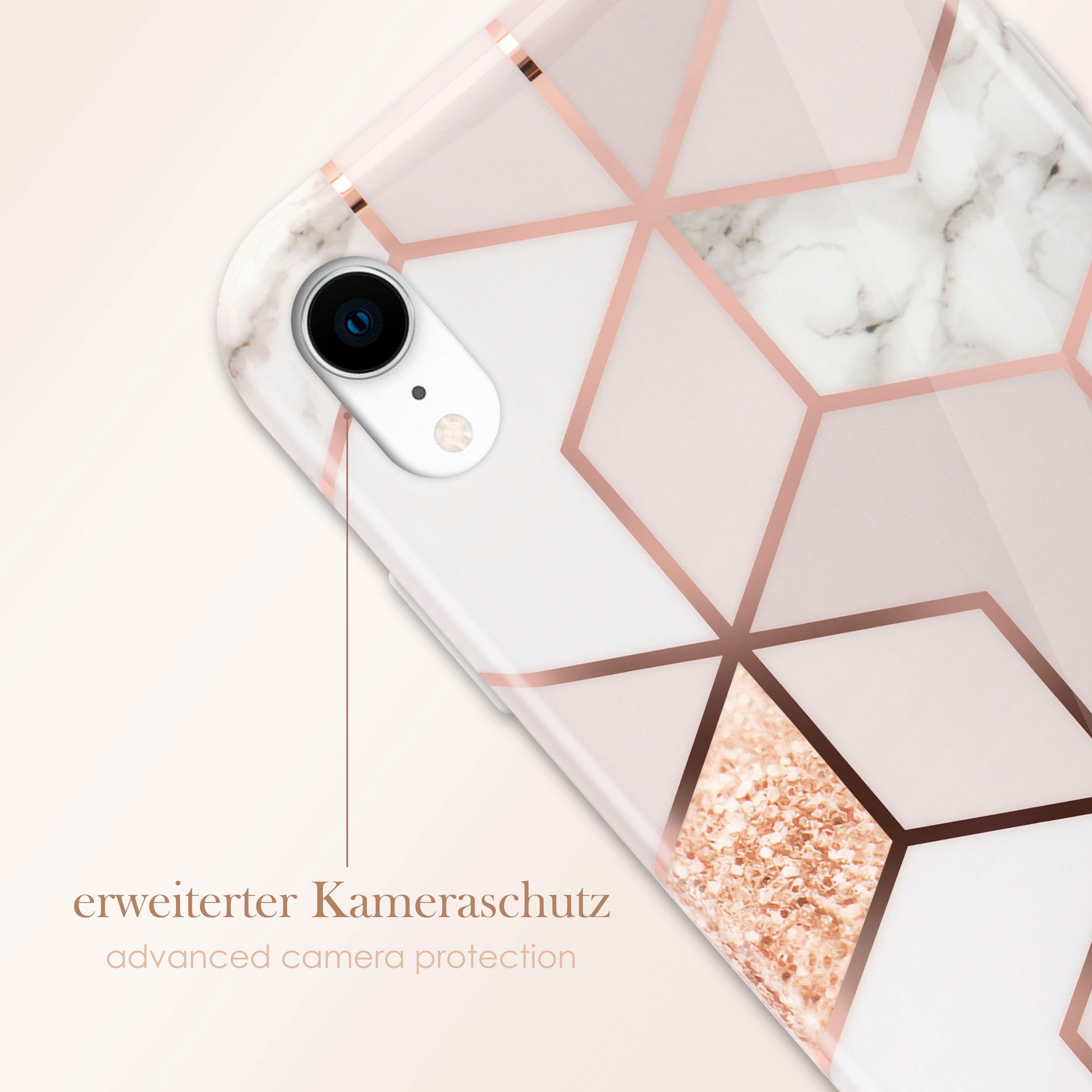 Eine Handyhülle mit Marmormuster und rosa Akzenten. Eine Ecke des Telefons ist sichtbar.