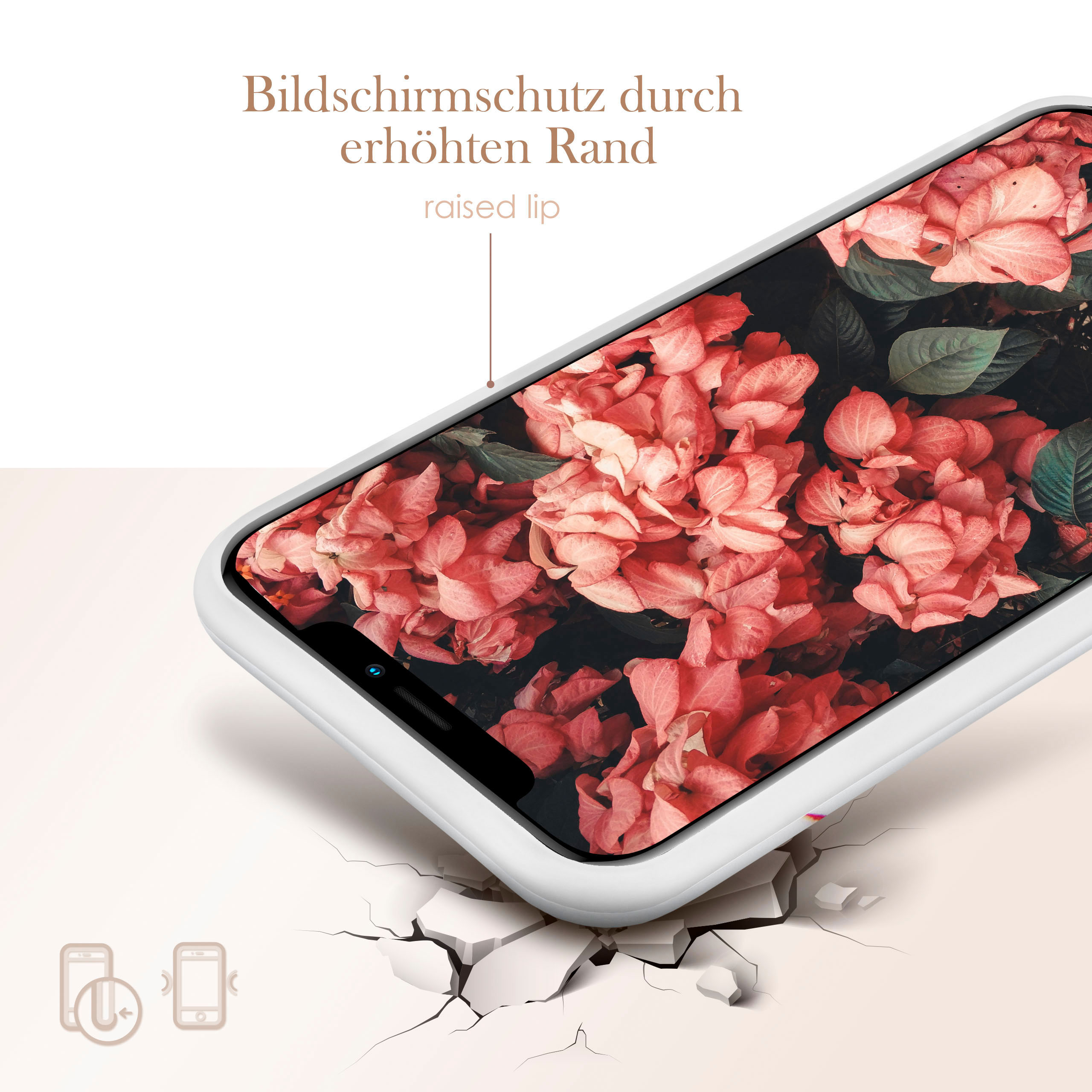 Eine Handyhülle mit floralem Design, einem weißen Rahmen, auf einer Oberfläche mit Rissoptik.