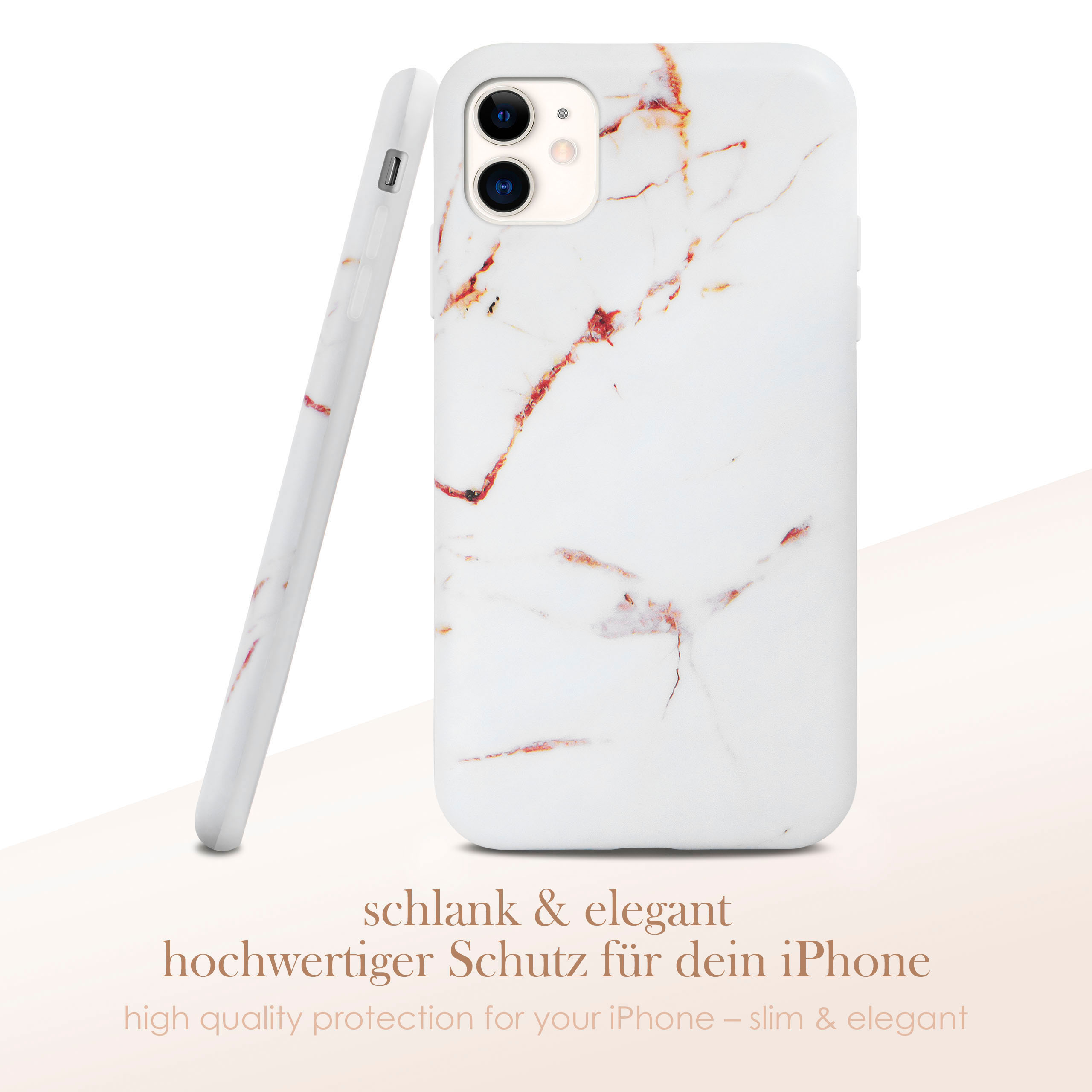 Weißes Marmor-iPhone-Case auf weißer Oberfläche. Hochwertiger Schutz für das iPhone steht unten.