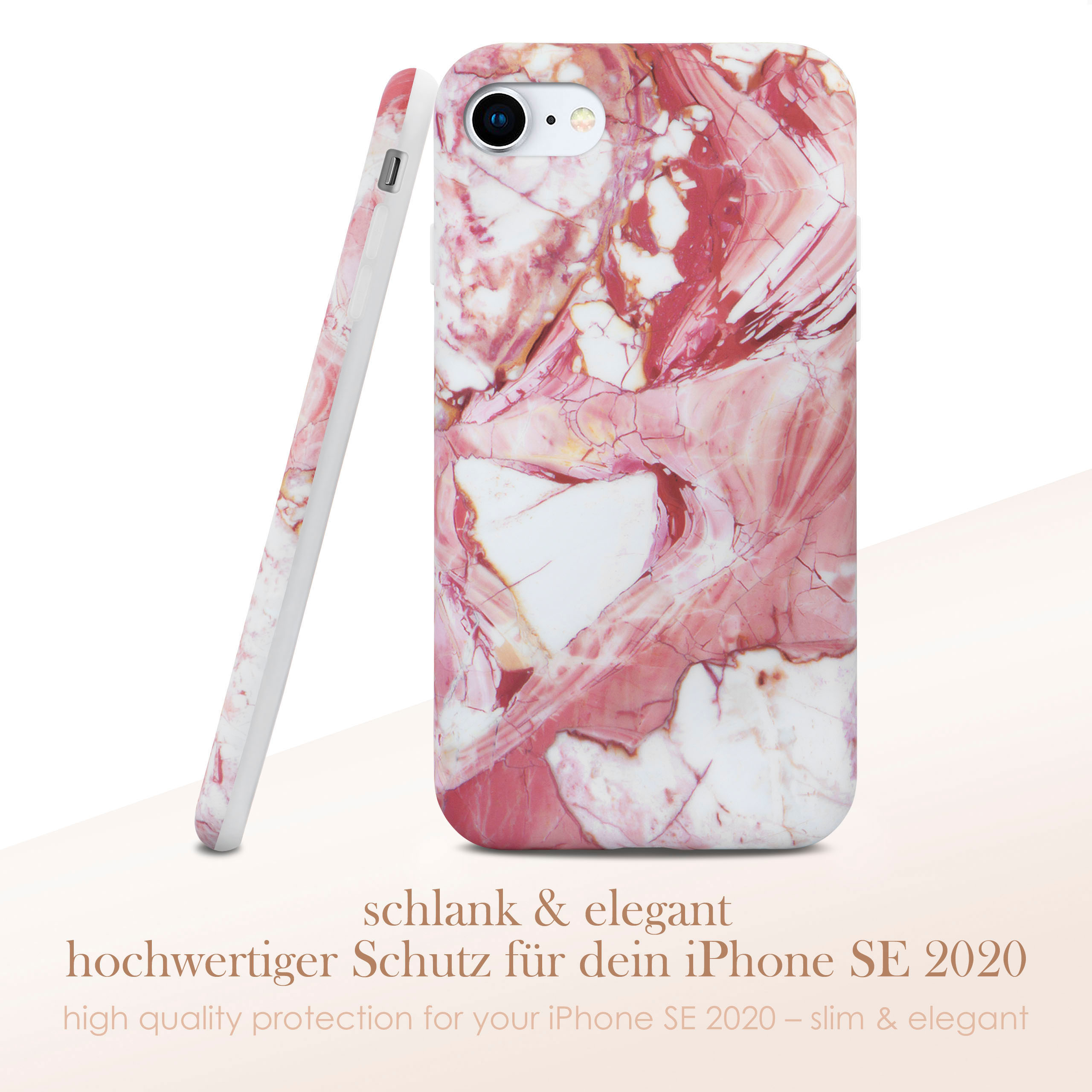 Eine Handyhülle mit Marmordesign in Rosa und Weiß. Sie liegt neben einer anderen Hülle.