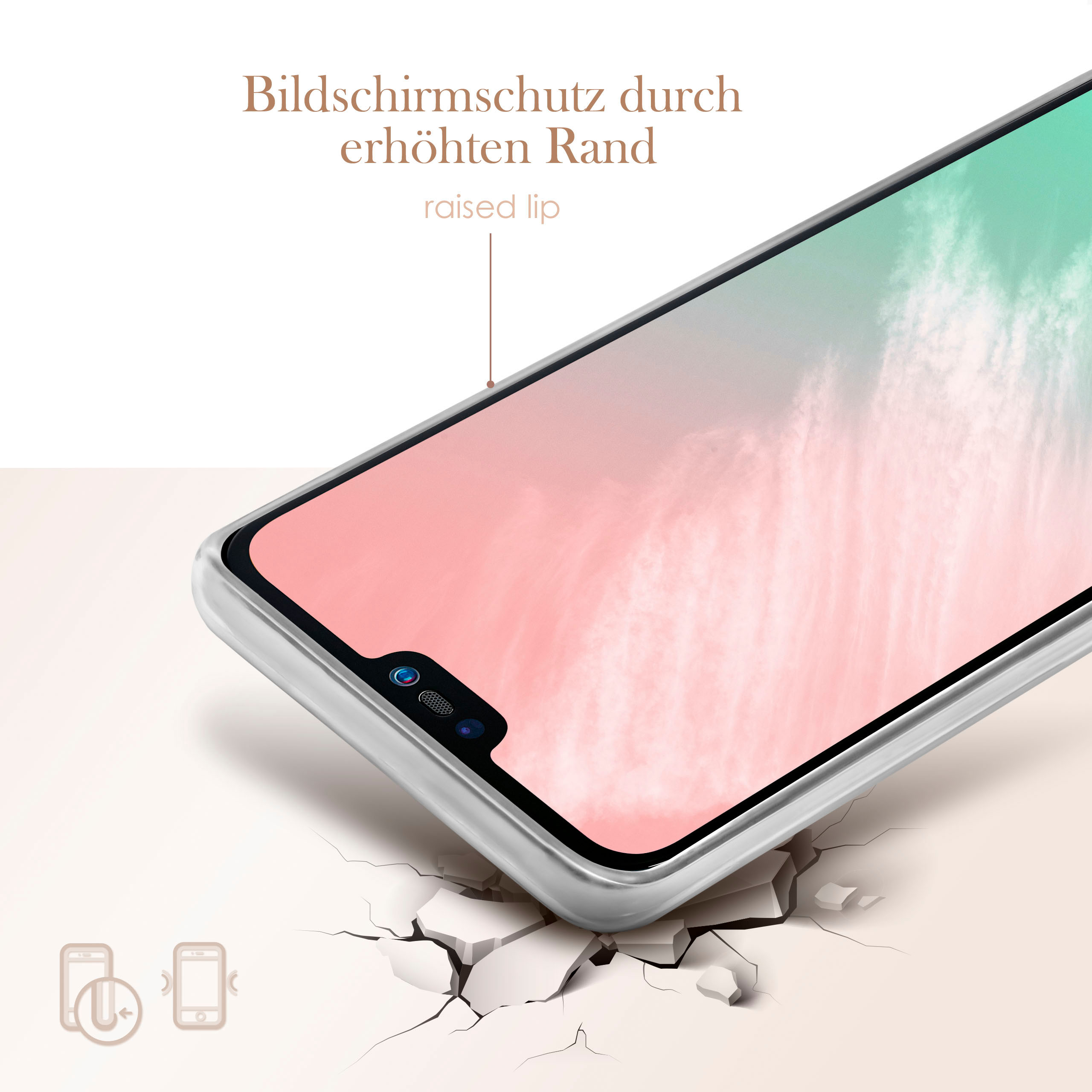 Nahaufnahme einer Handyhülle mit erhabenem Rand. Rosa-weißes Marmordesign.