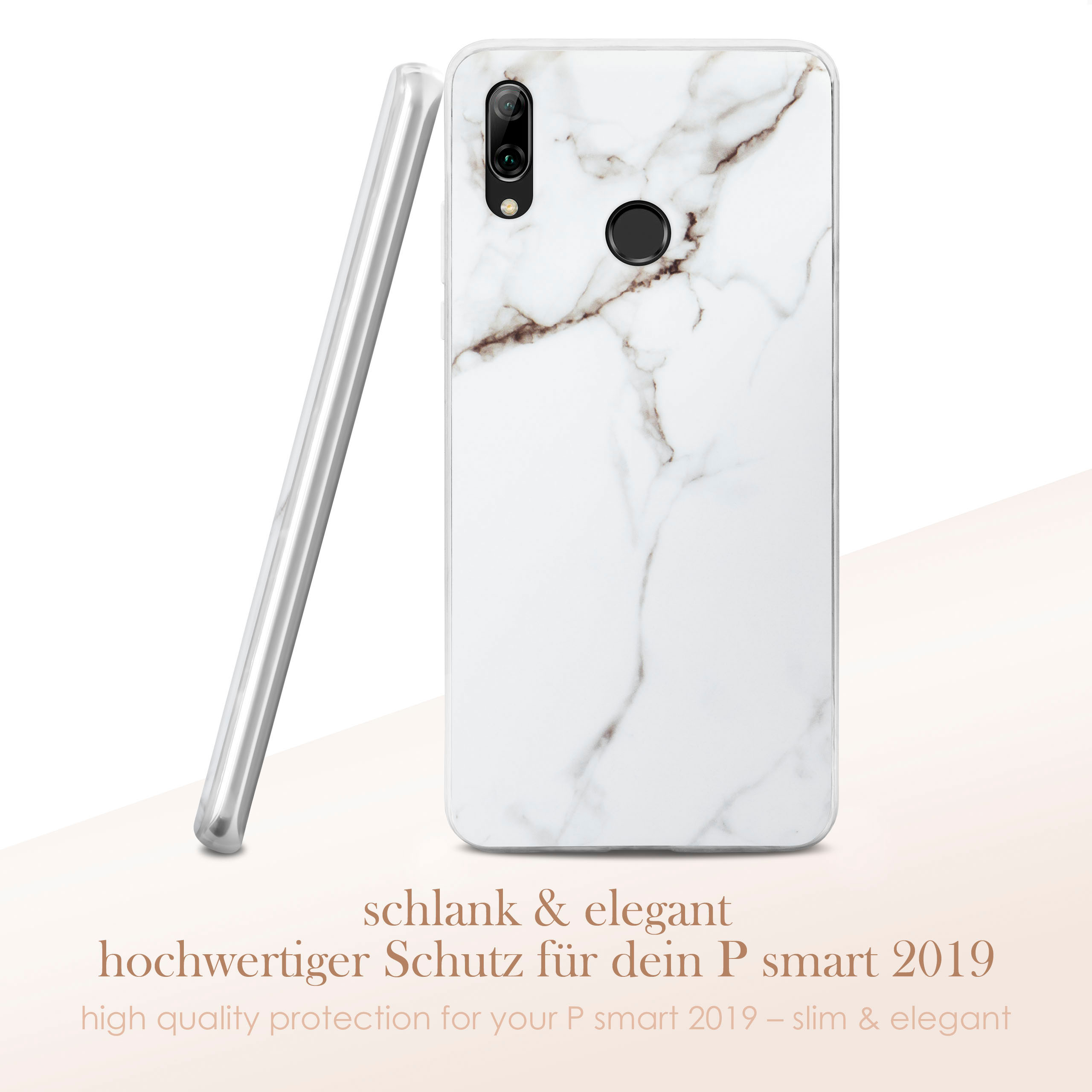 Weiße Handyhülle mit Marmormuster. Die Hülle steht neben einer anderen auf dem Tisch.