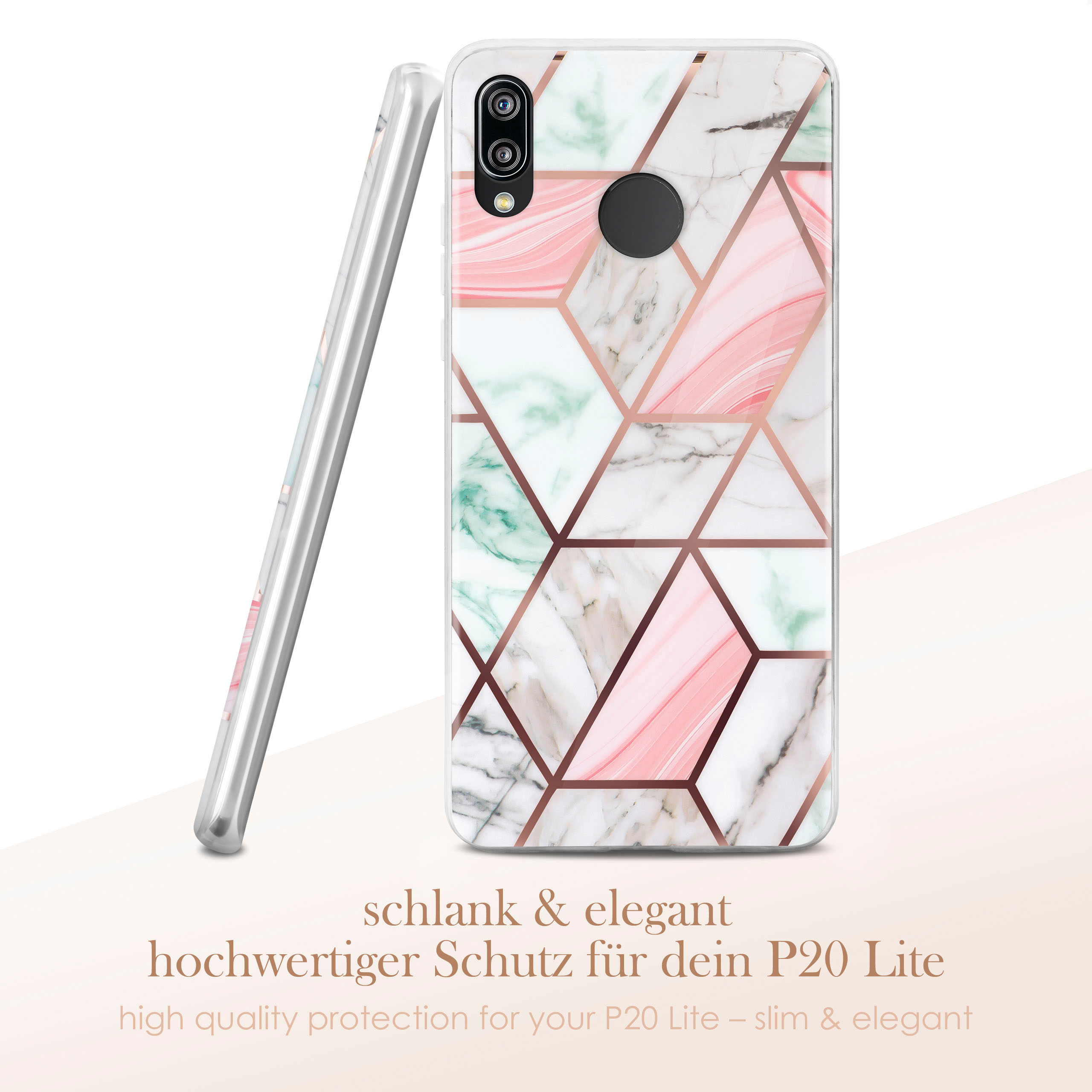 Weißes Handycase mit Marmordesign, roségoldenen Akzenten. Text: schlank & elegant, hochwertiger Schutz für P20 Lite.