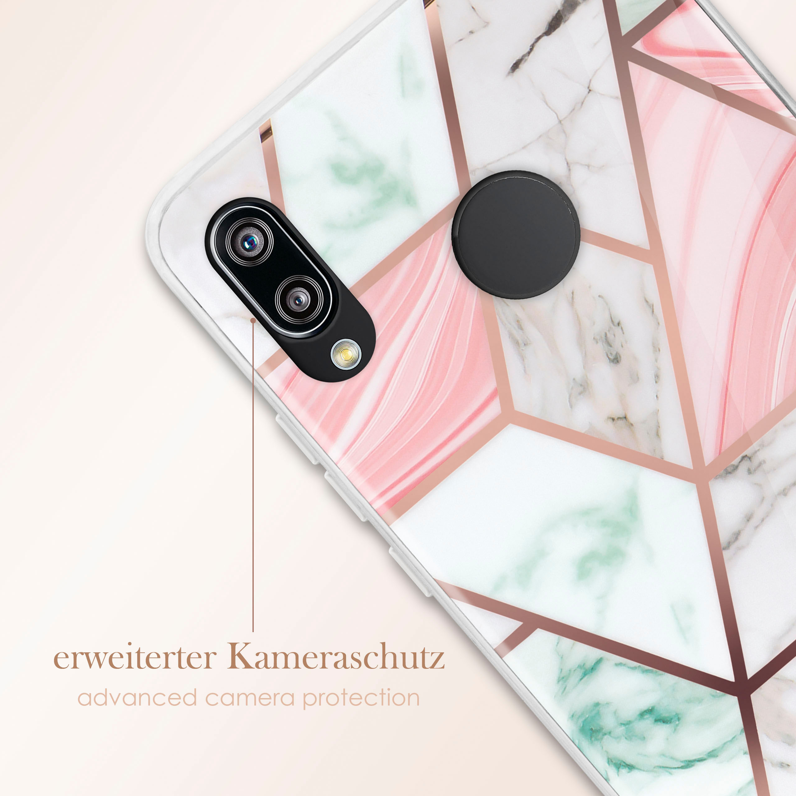 Marmor-Handyhülle mit geometrischem Design. Text weist auf Kameraschutz hin.