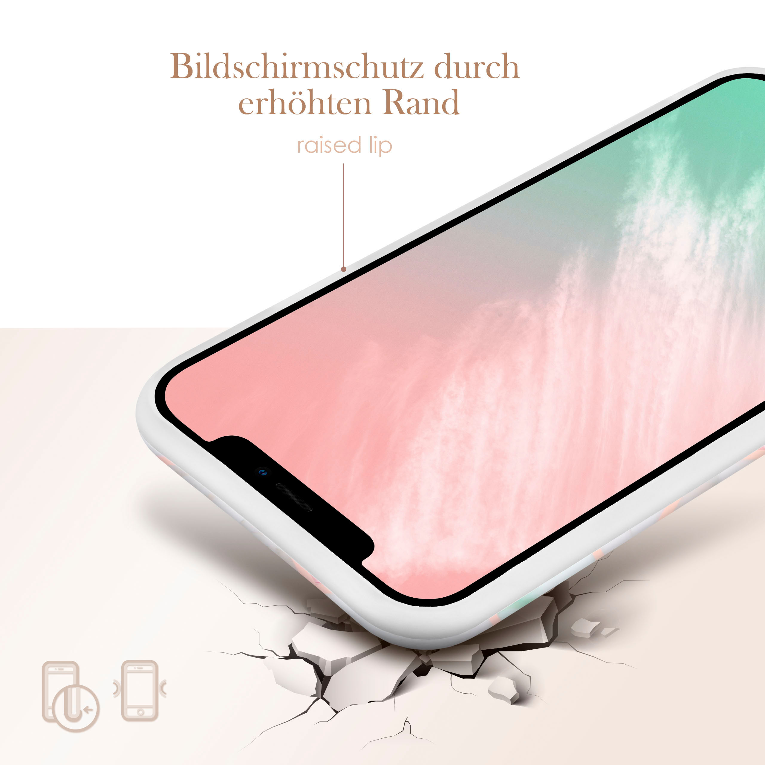Handyhülle mit Blumendesign. Das Telefon befindet sich auf einer zerbrochenen Oberfläche. Text oben: erhöhter Rand.