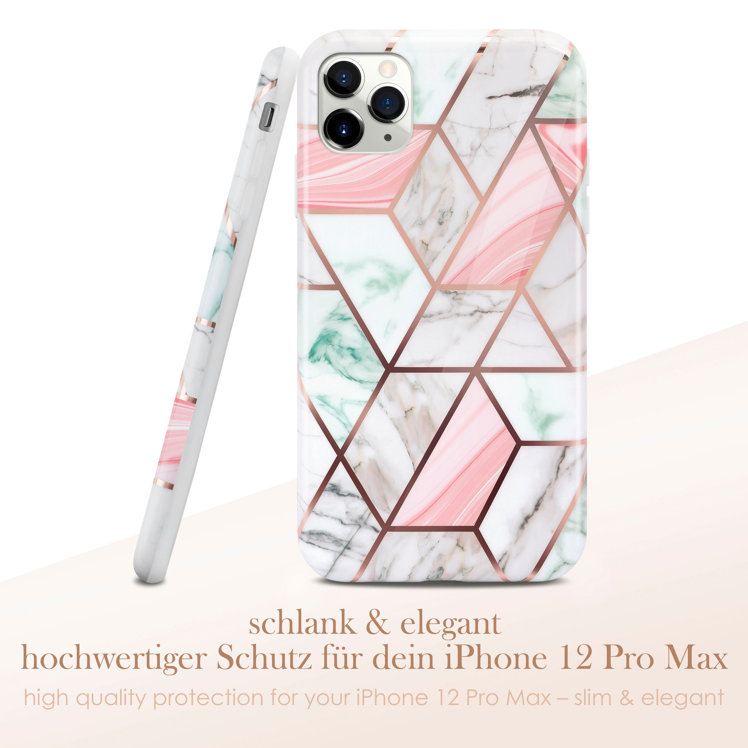 Handyhülle mit geometrischem Design, in Weiß, Rosa und Marmormuster, mit Text auf Deutsch.