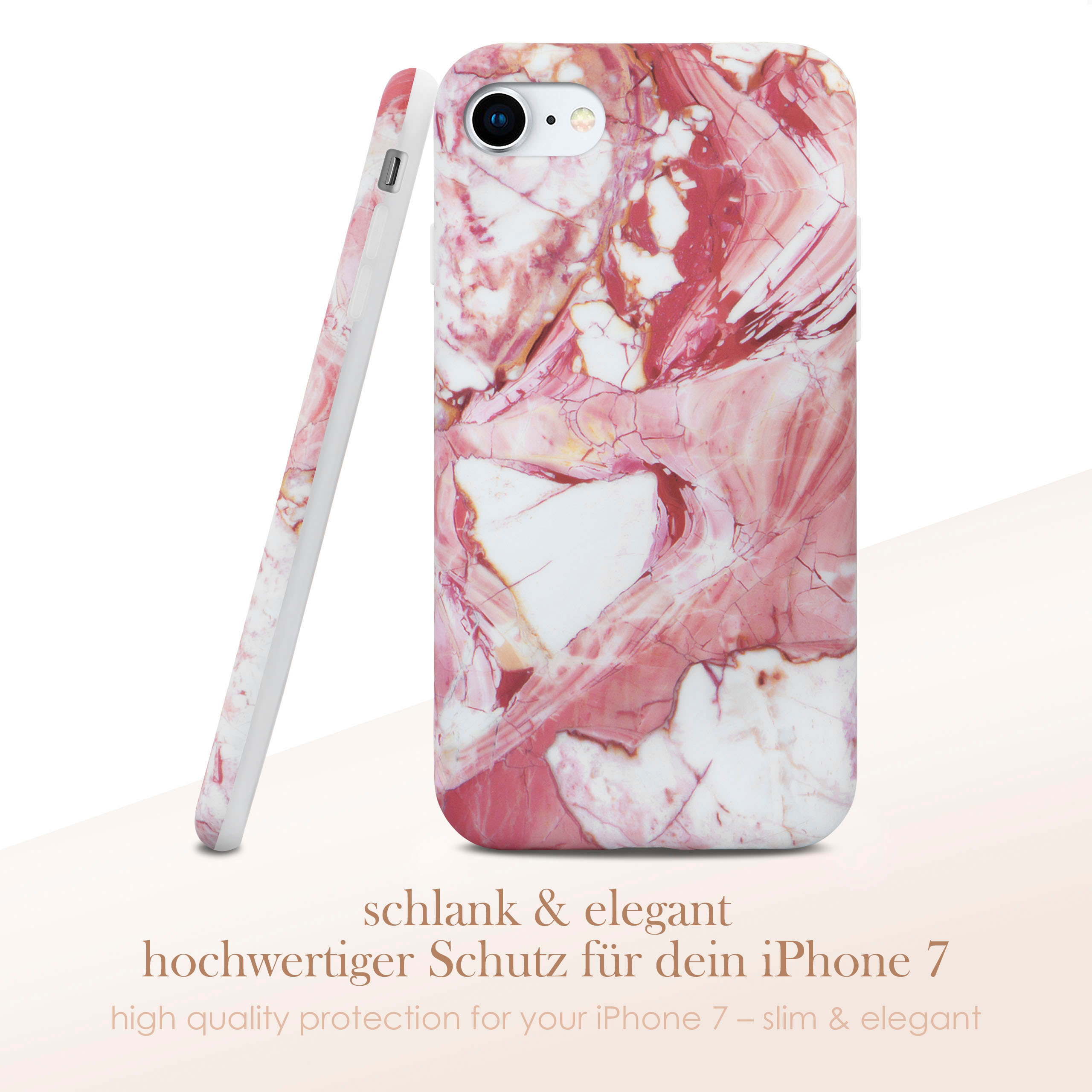 Pink-weißes Marmor-Handycase neben einem anderen. Text unten.