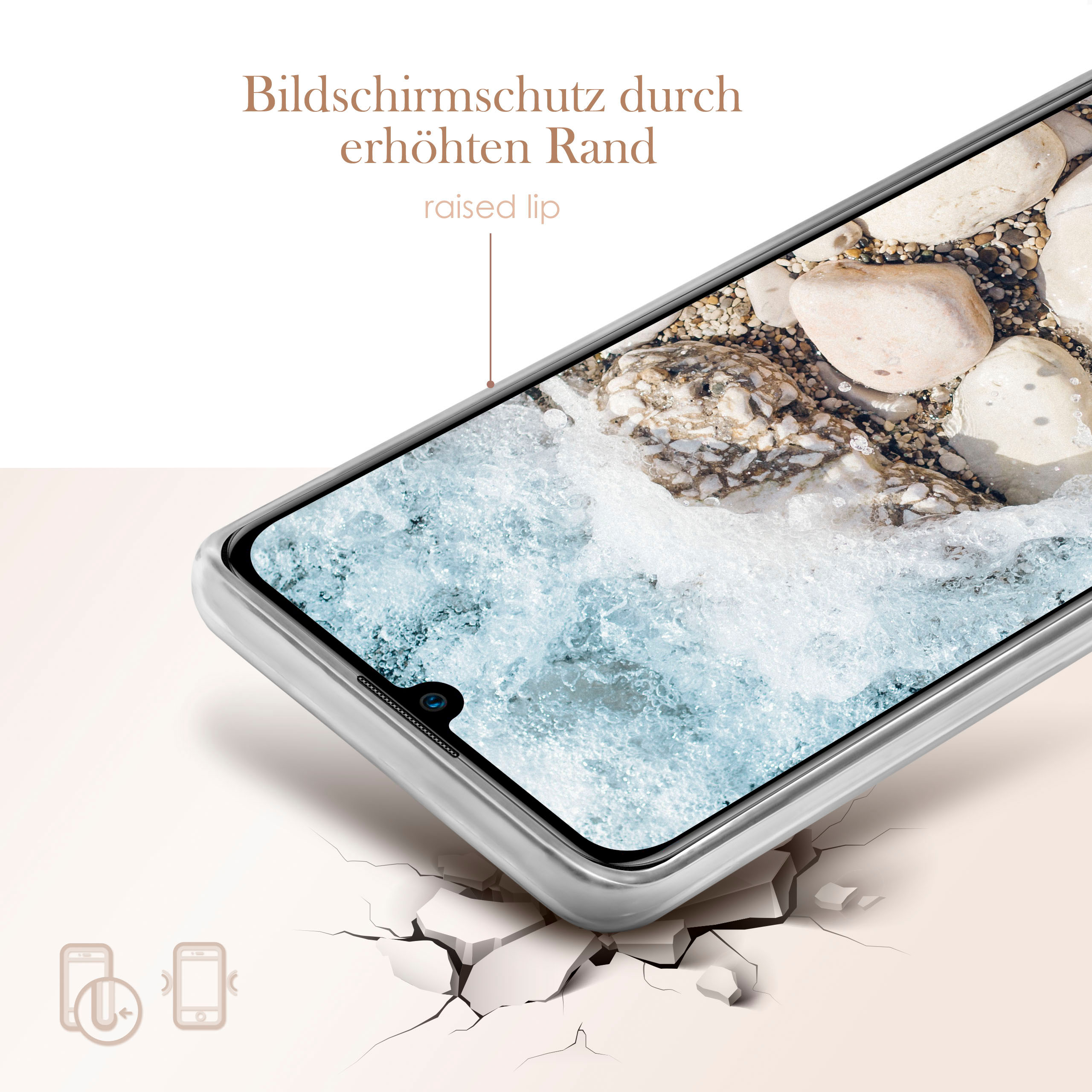 Ein Telefon in einer silbernen Hülle, das eine Strandszene auf dem Bildschirm zeigt. Text lautet "erhöhter Rand" für den Bildschirmschutz.