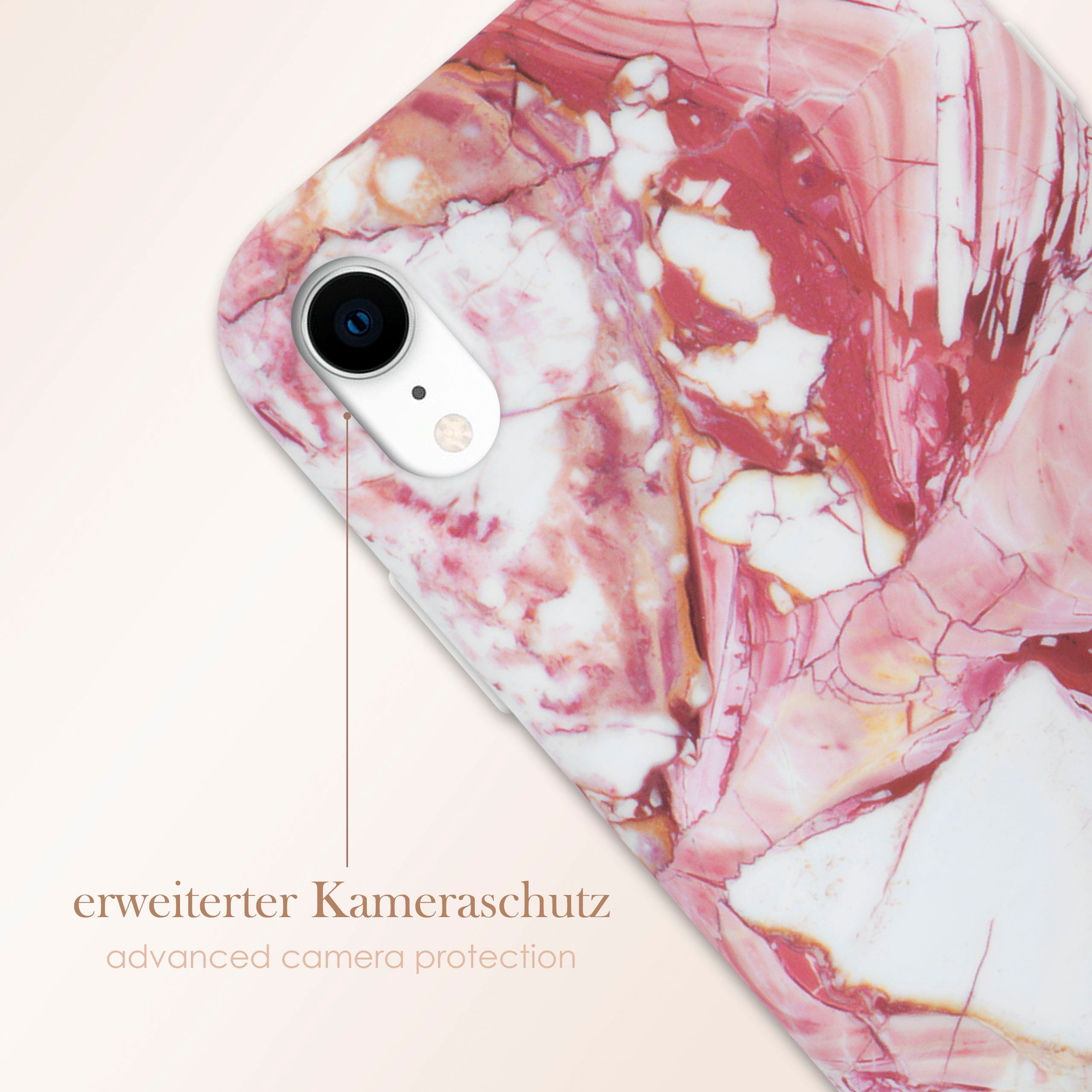 Eine Handyhülle mit rosa Marmordesign. Text lautet 'erweiterter Kameraschutz'.