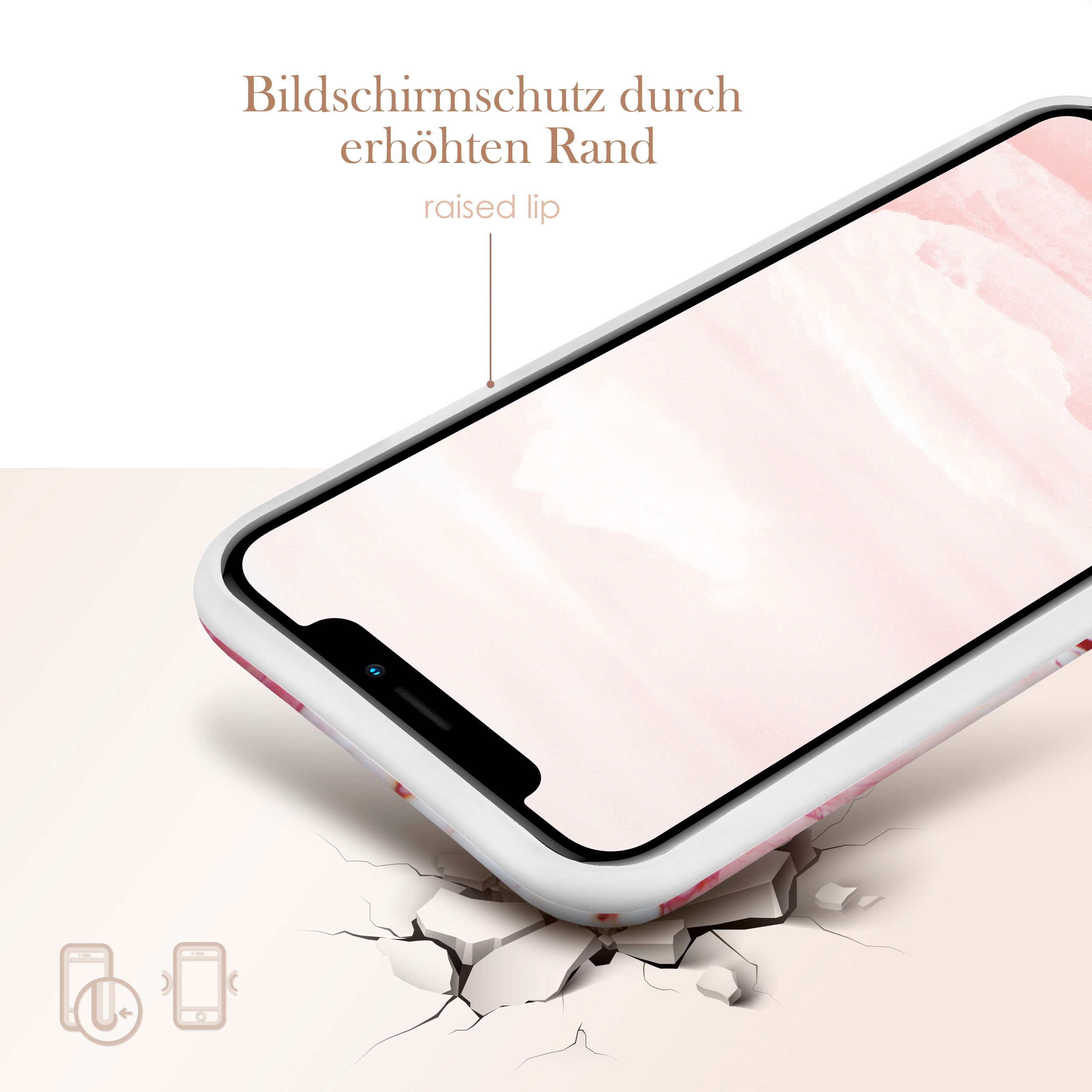 Handyhülle mit rosa Marmordesign. Die Hülle wird in der Nähe einer rissigen Oberfläche gehalten.
