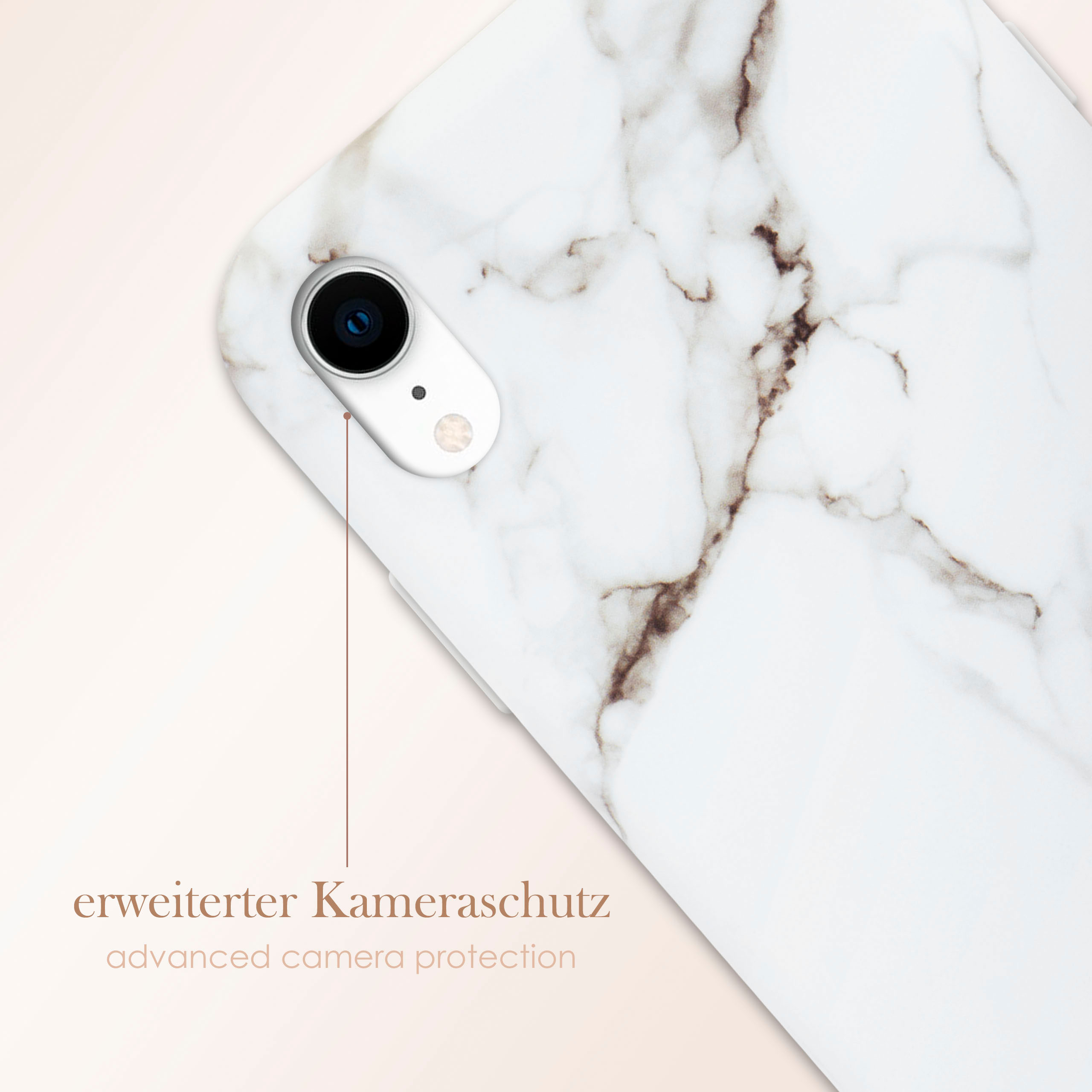 Weißes Marmor-Handycase mit Kameralinse und Blitz.