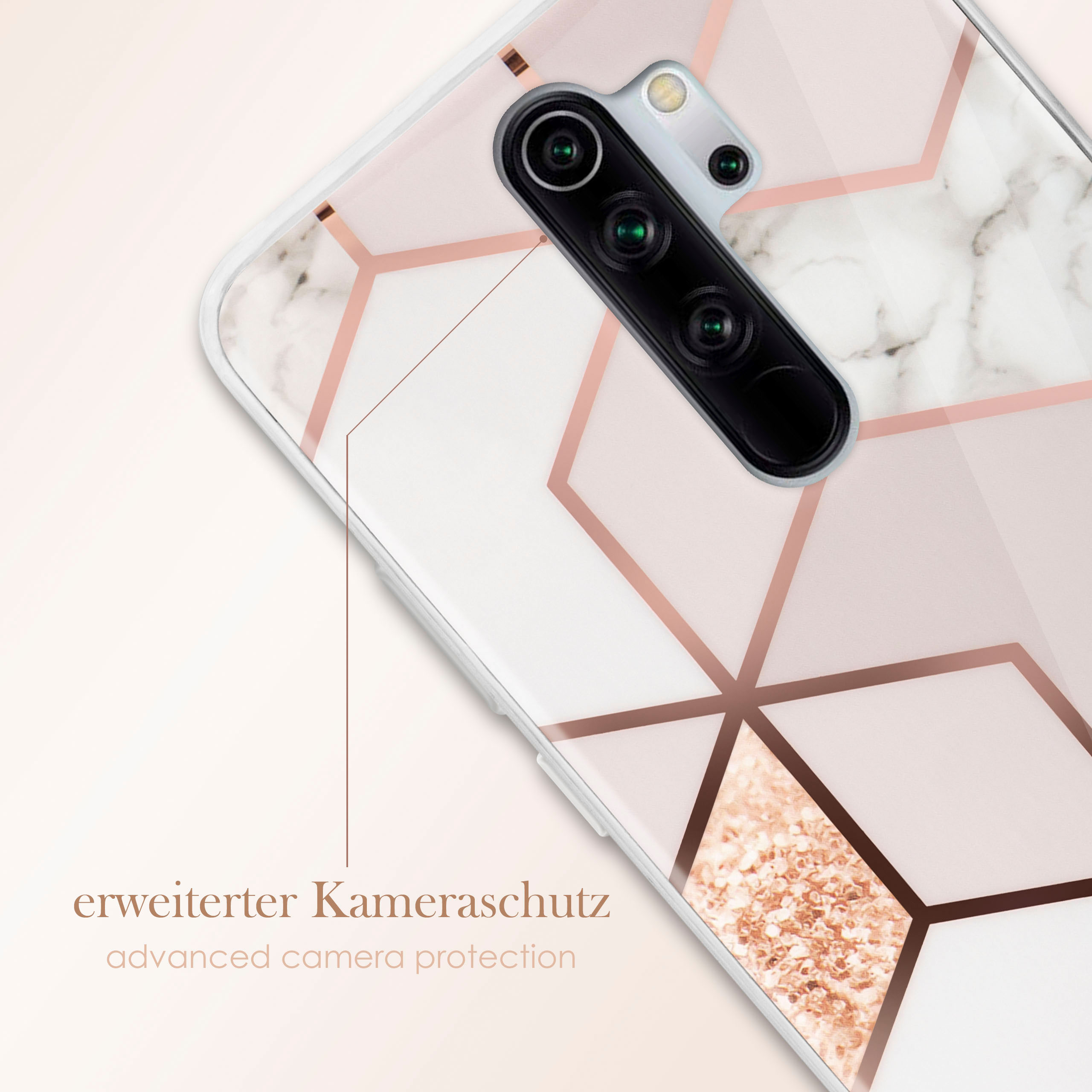 Handyhülle mit Marmordesign und Kameraschutz. Kamera und Blitz sind sichtbar. Text enthalten.