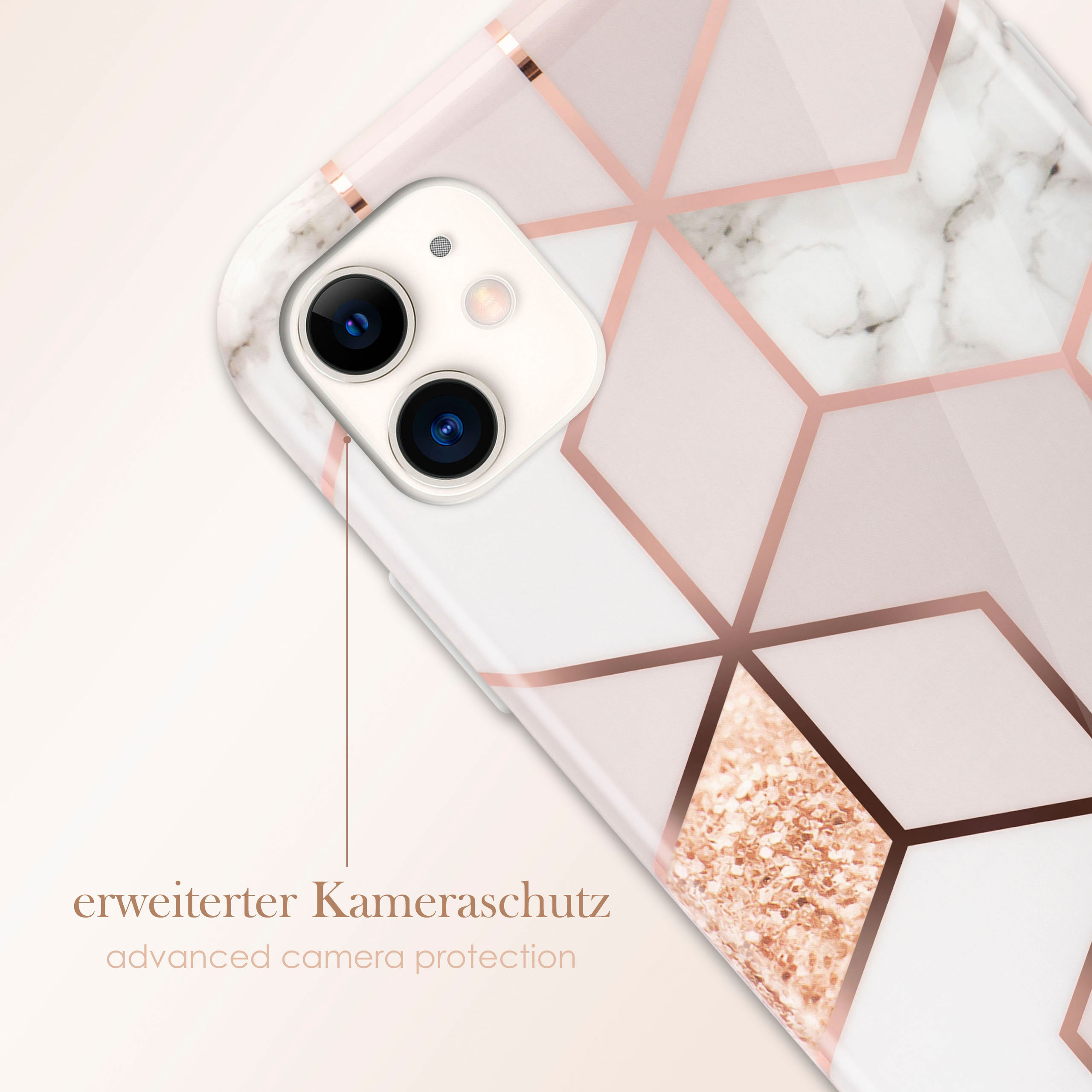 Nahaufnahme einer Handyhülle mit weißem Marmormuster und roségoldenen geometrischen Akzenten. Kameraschutztext.
