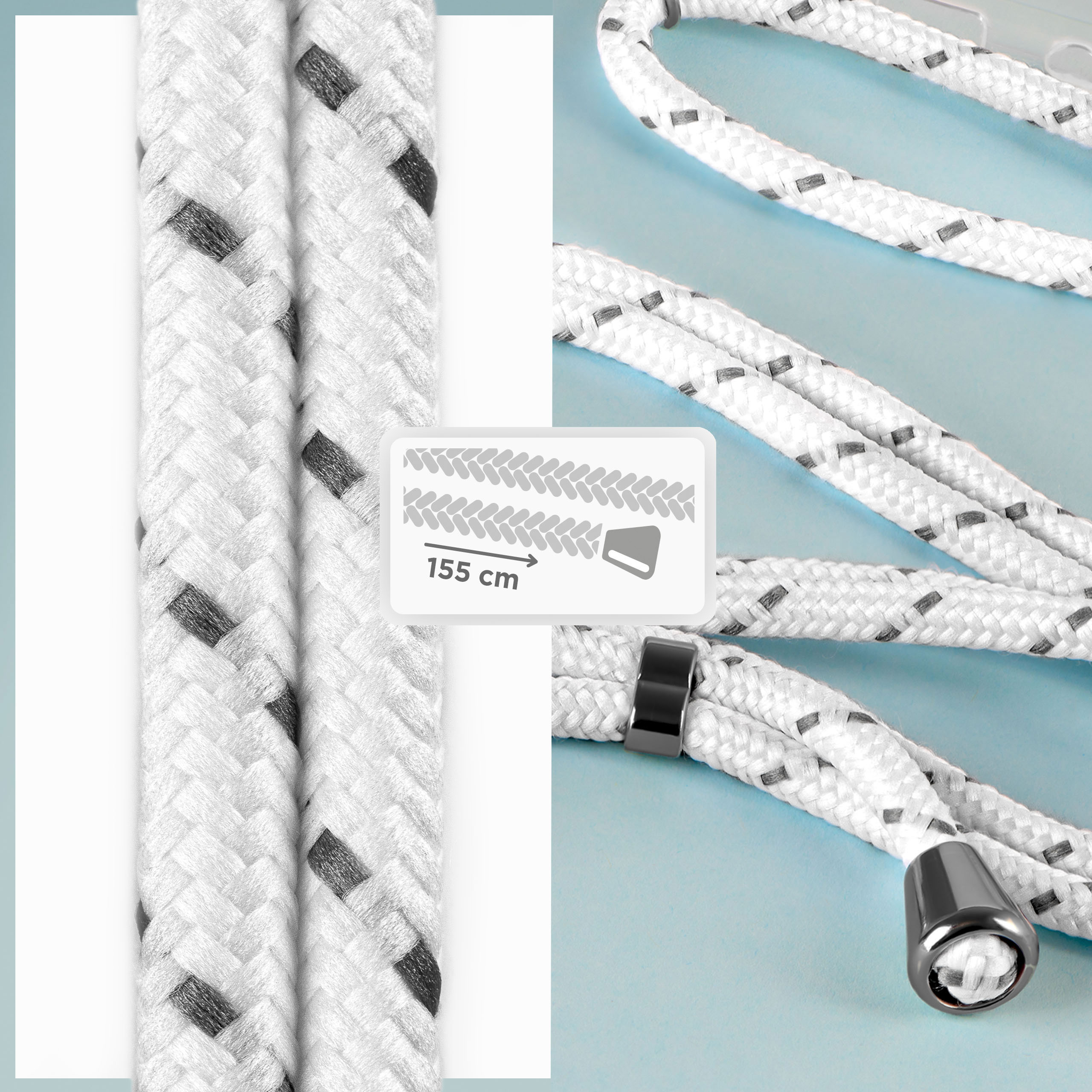 Geflochtenes weiß-graues Handy-Lanyard mit Messanleitung und silbernen Akzenten.