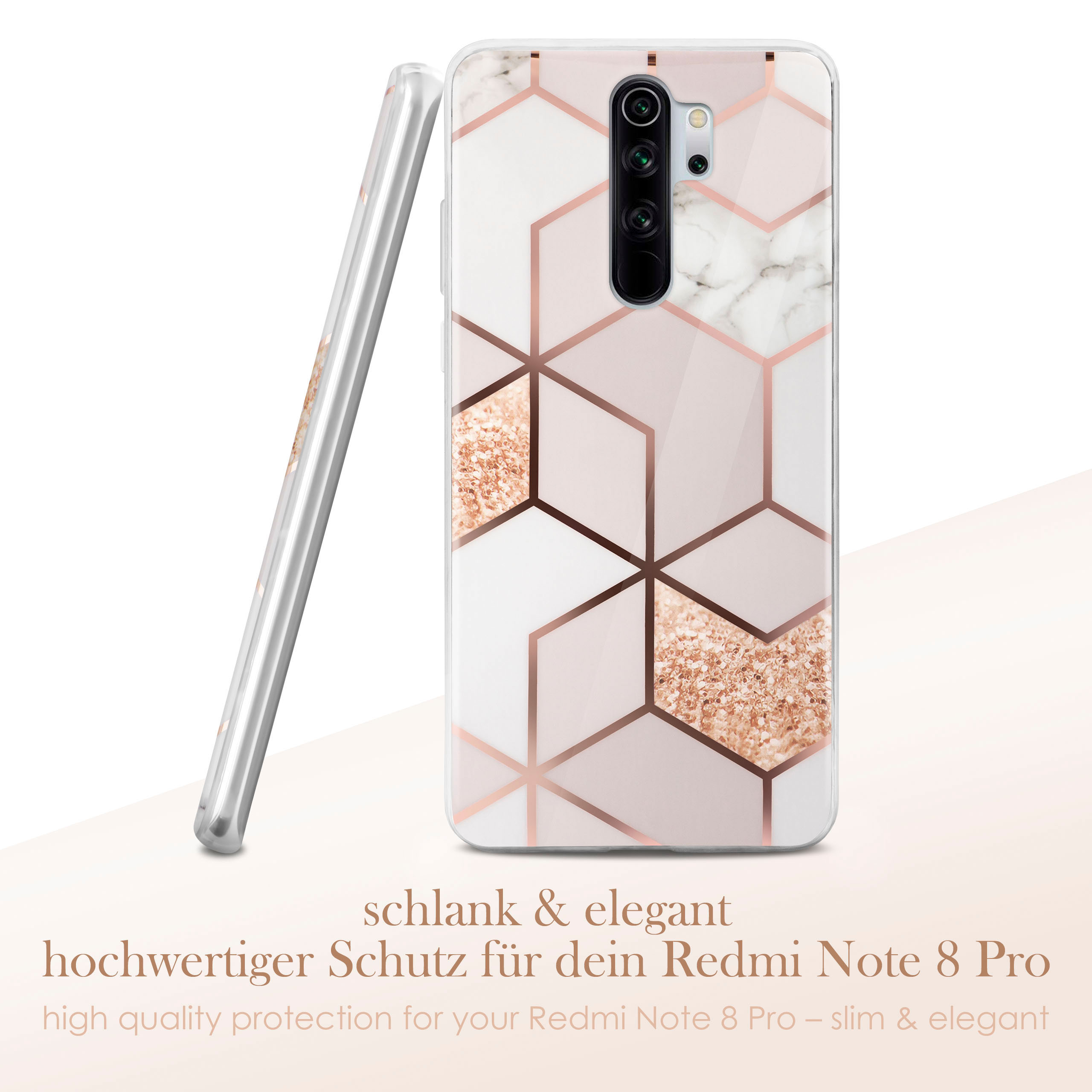 Eine Handyhülle mit geometrischem rosa Design liegt auf einer weißen Oberfläche mit Text.