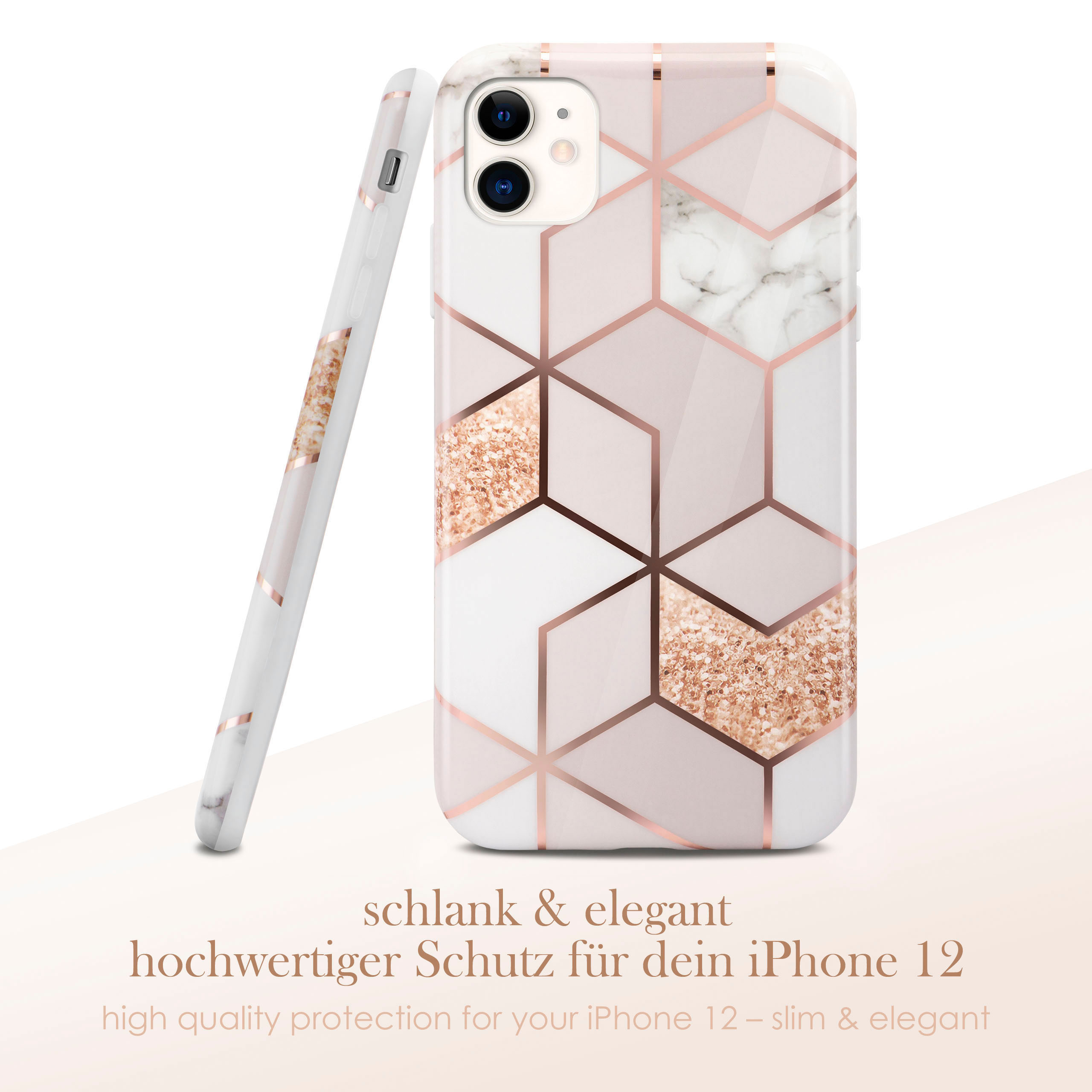 iPhone-Hülle mit roségoldenem geometrischem Design auf weißem und Marmorhintergrund.