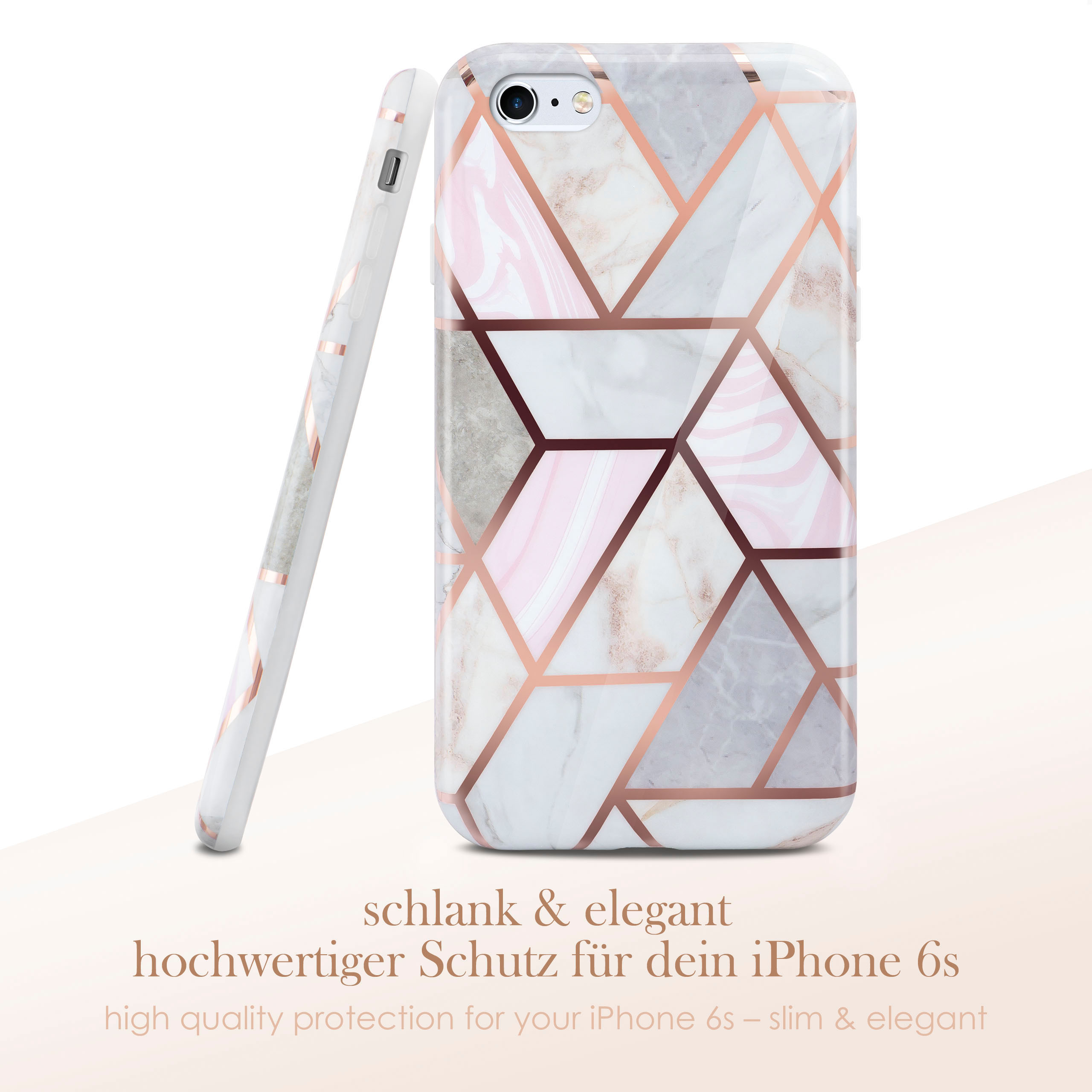 Handyhülle mit geometrischem Marmordesign. Auch eine Seitenansicht. Text: hochwertiger Schutz für Ihr iPhone 6s - schlank & elegant