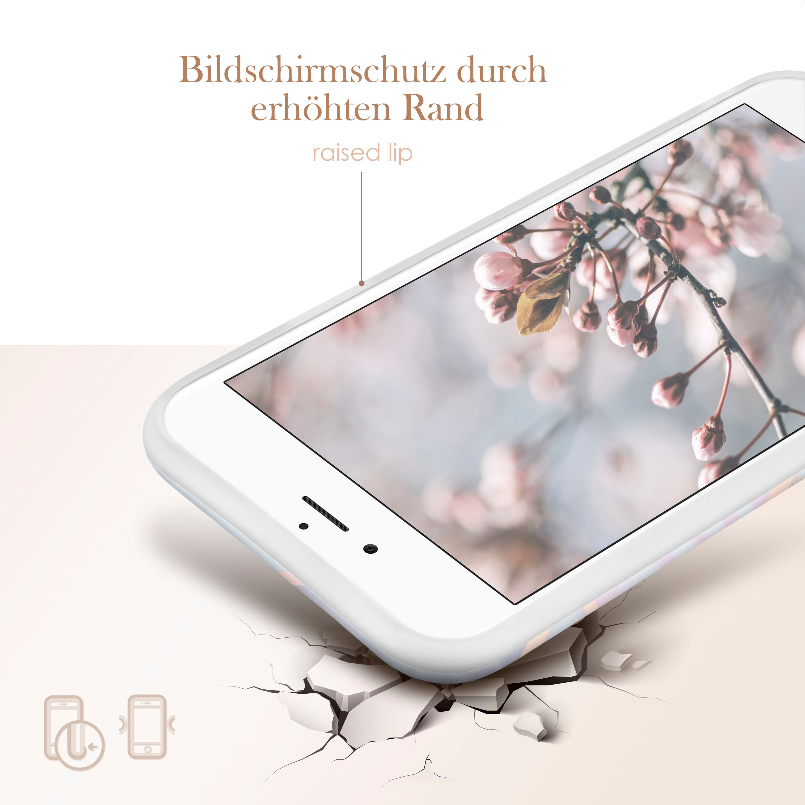 Handyhülle mit floralem Hintergrund. Text: 'Bildschirmschutz durch erhöhten Rand'. Telefon auf zerbrochener beigefarbener Oberfläche.