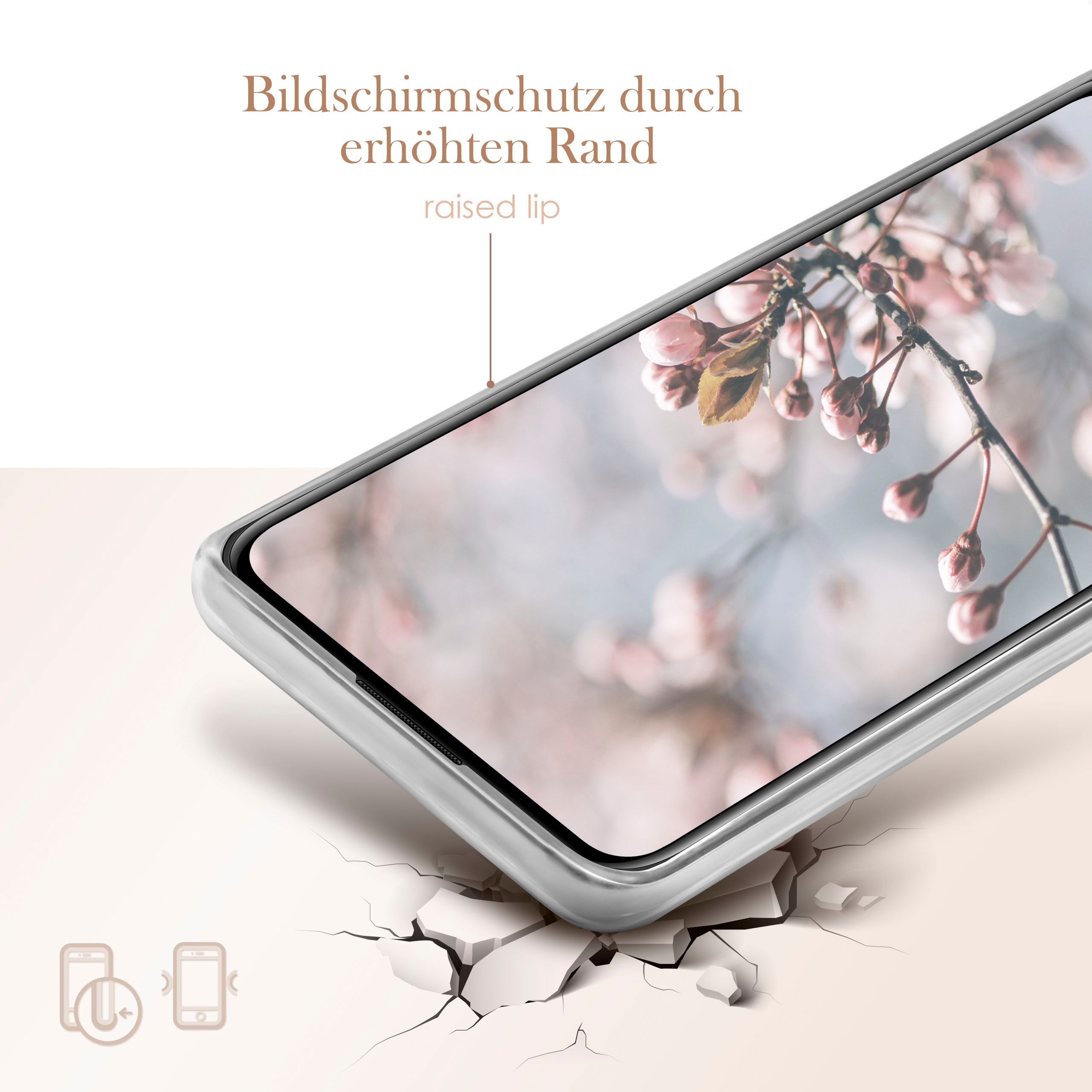 Handyhülle mit unscharfem Blumendesign, im Vordergrund eine zerbrochene Oberfläche.