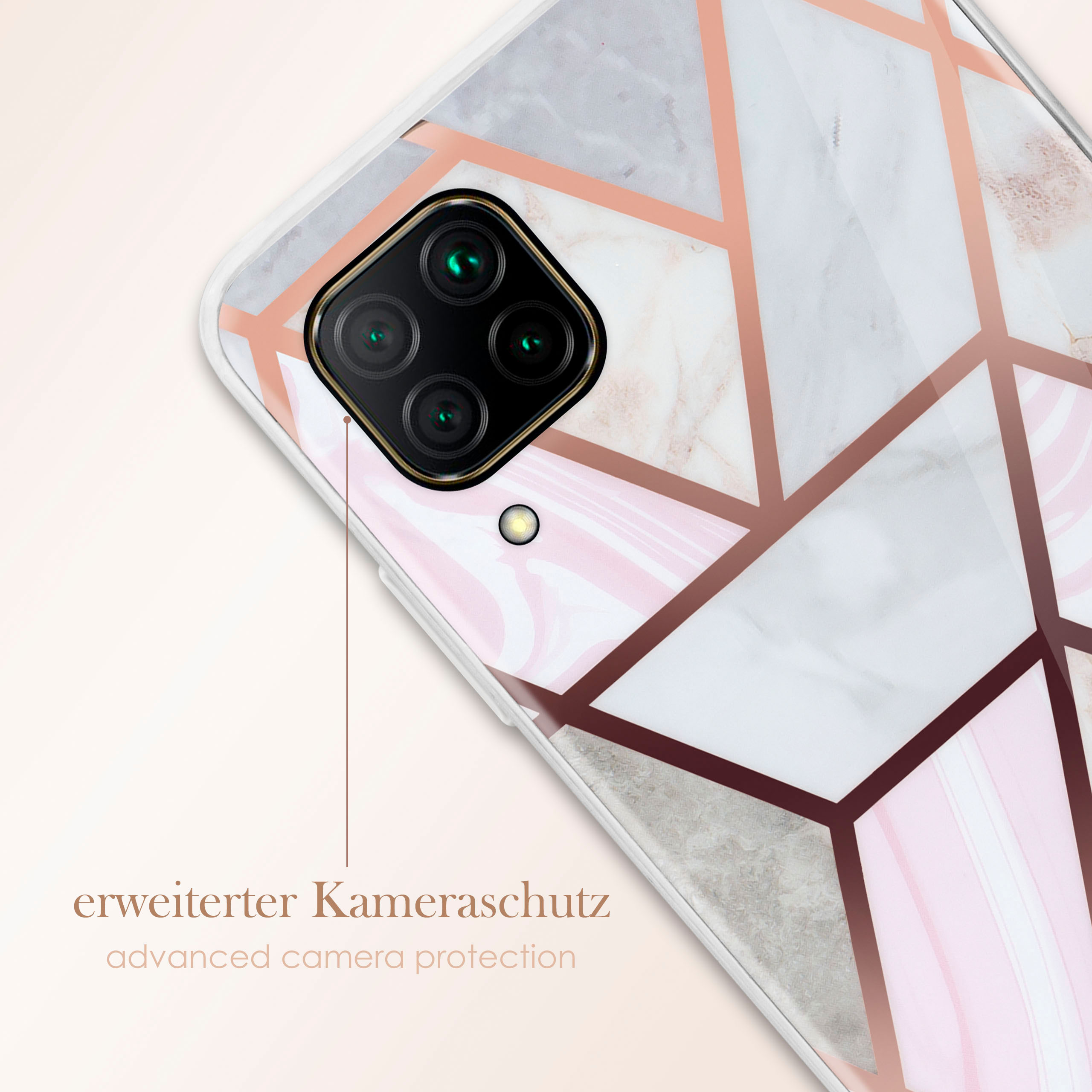 Handyhülle mit Marmordesign. Erweiterter Kameraschutz. Weiß und Rosa.