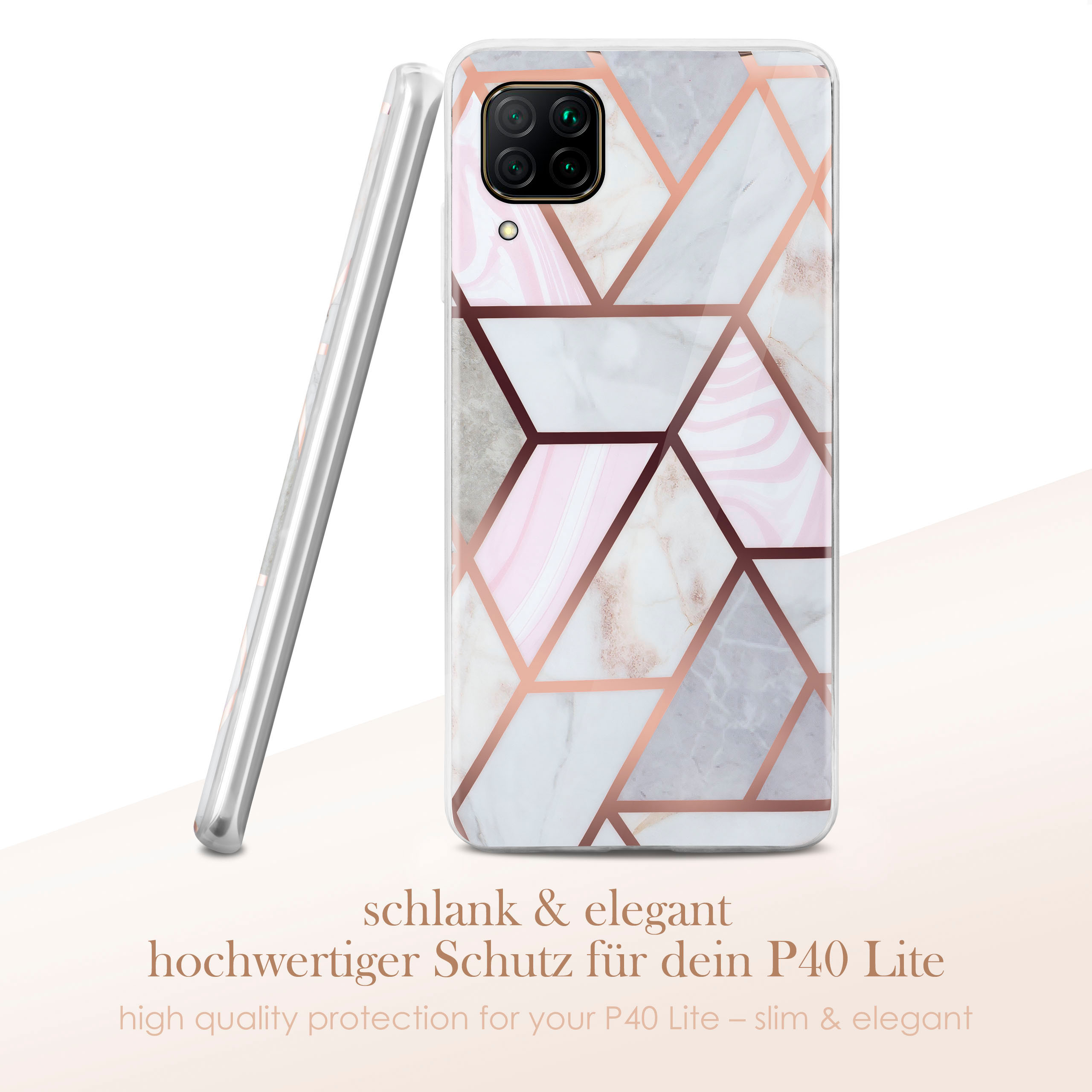 Handyhülle mit geometrischem Design auf weißem Hintergrund. Text unter der Hülle.