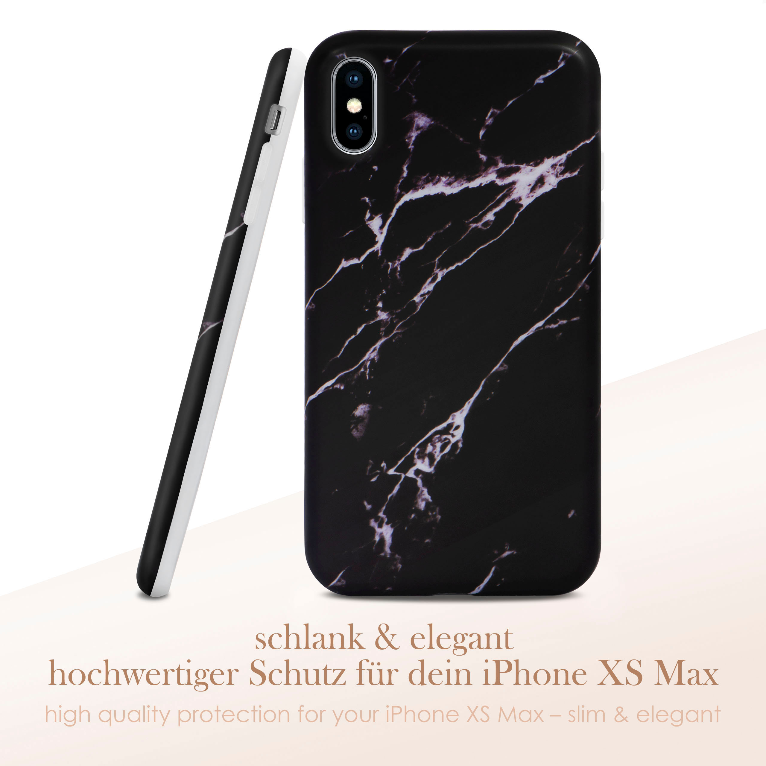 Eine schwarz-weiße Marmor-Handyhülle. Die Hülle wird mit ihrer Seite und Vorderseite gezeigt.