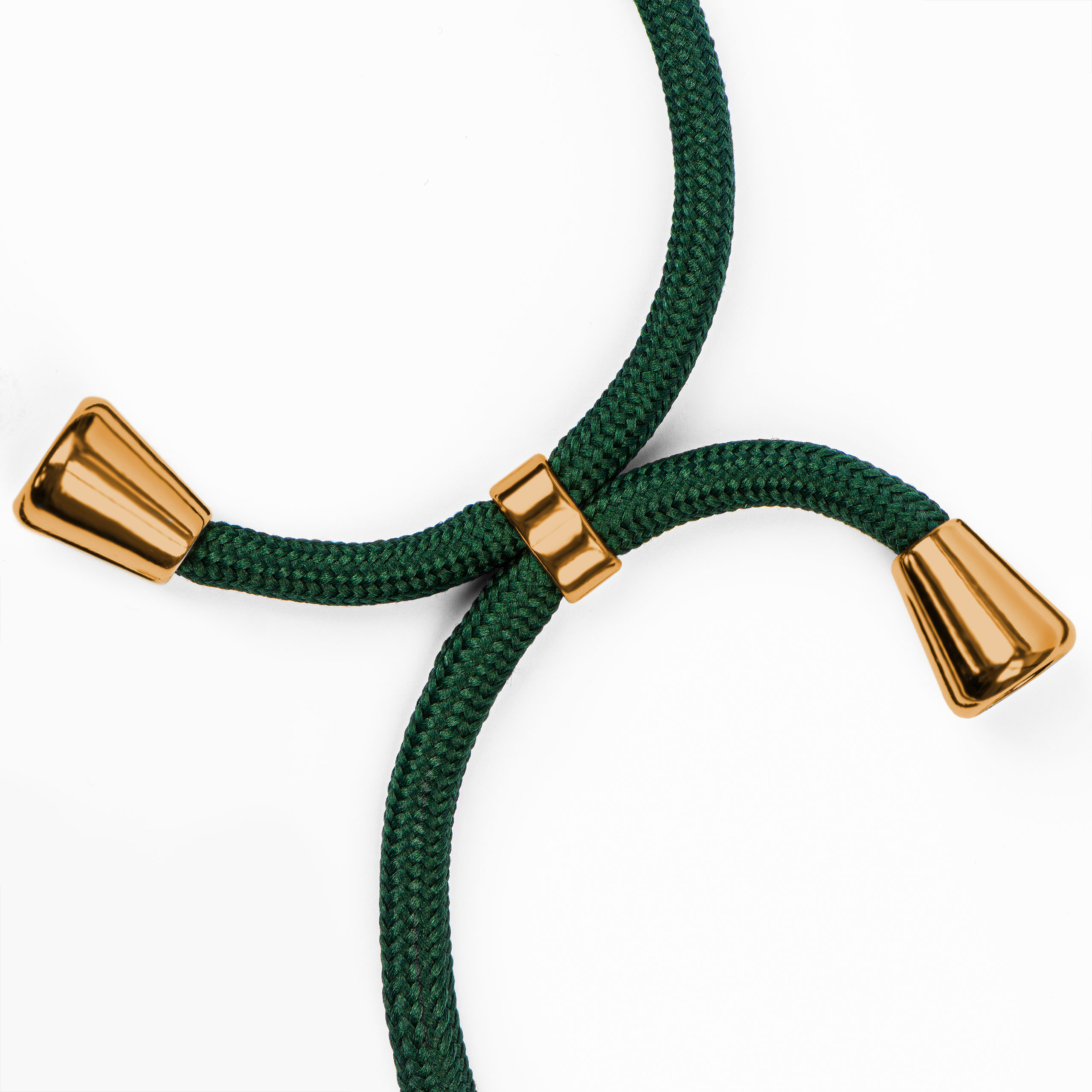 Dunkelgrünes Telefon-Lanyard, Nahaufnahme. Zwei Enden mit goldfarbenen Steckern und Clips.