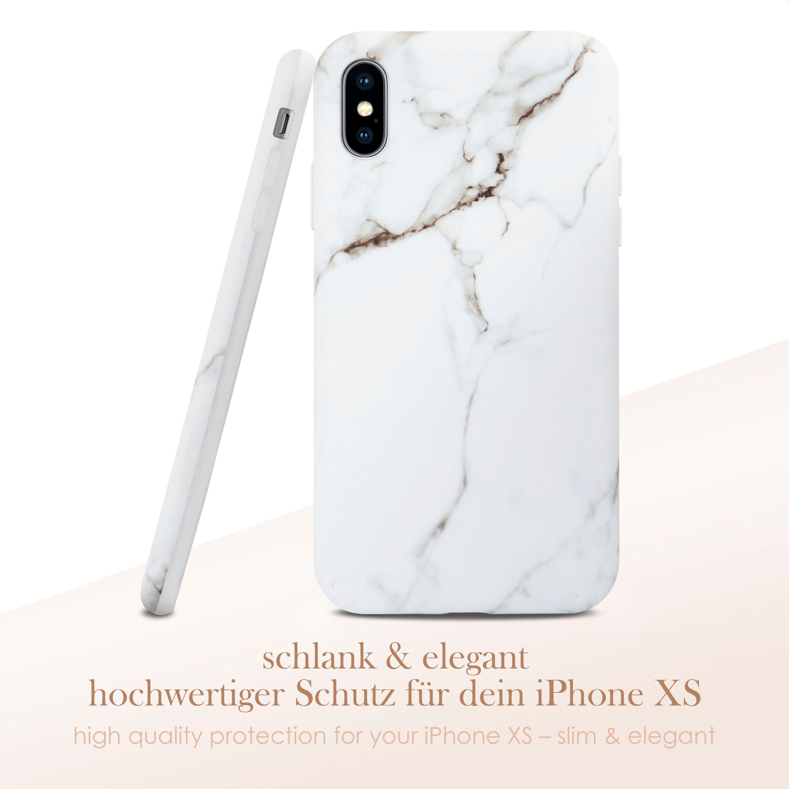 Weiße Marmor-Handyhülle und Telefon lehnen daran. Text: schlank & elegant, hochwertiger Schutz.
