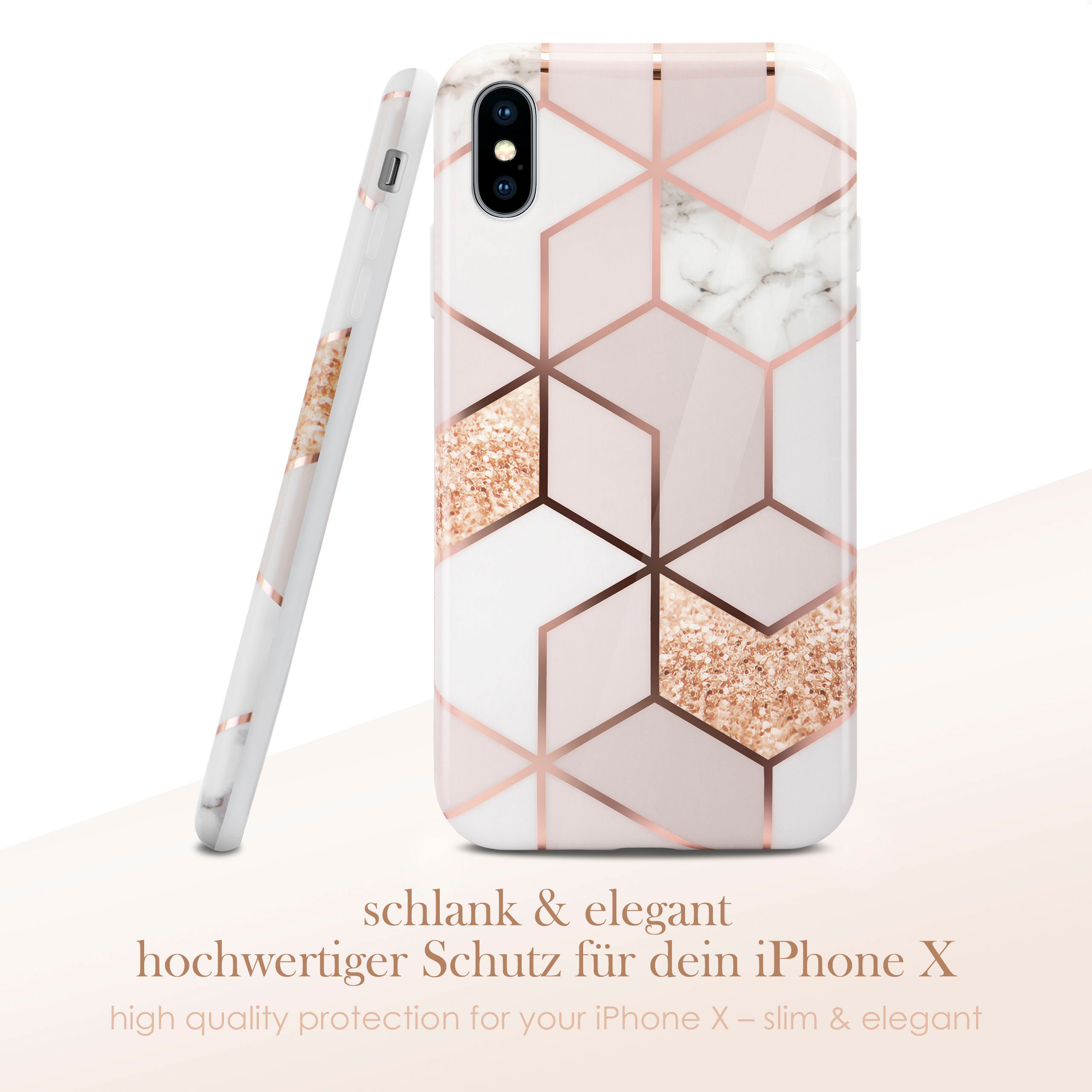 Handyhülle mit Marmor- und geometrischem Muster, mit weißem Hintergrund und Telefon.