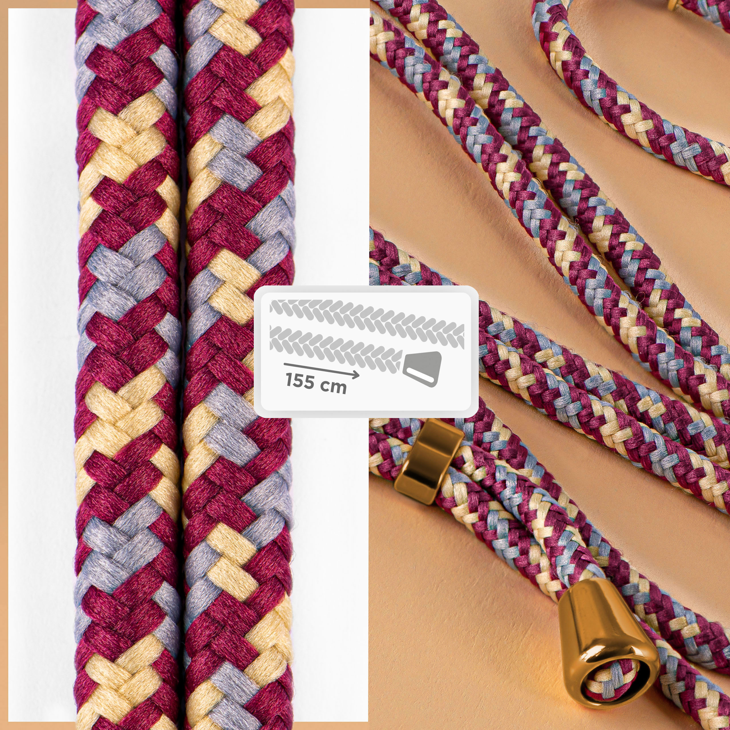 Geflochtener Handyriemen mit burgunderroten, grauen und goldenen Farben. Das Band hat Metallenden und einen Ring.