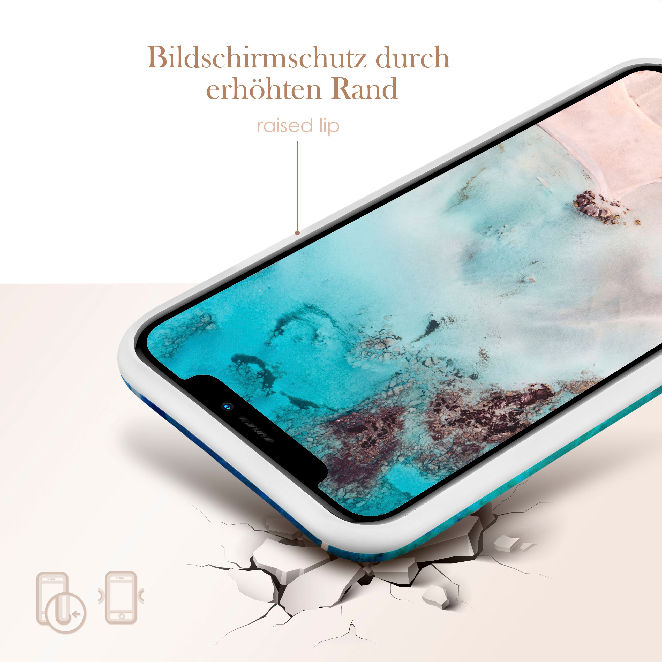 Handyhülle mit blau-grünem Design und weißem Rand. Die Hülle ist leicht geneigt und zeigt eine erhöhte Lippe.
