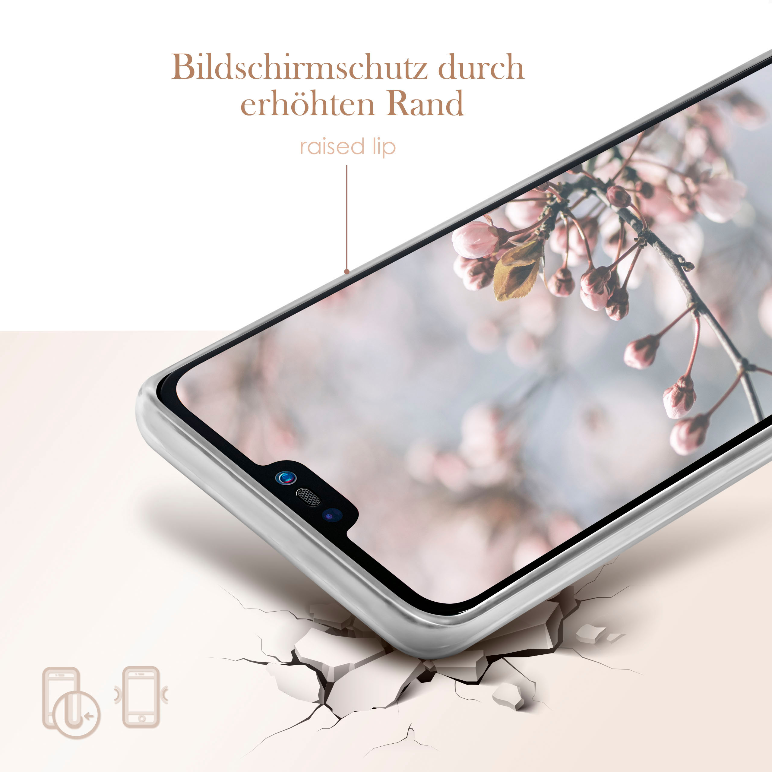 Handyhülle mit transparentem Rahmen und Blick auf rosa Blüten.