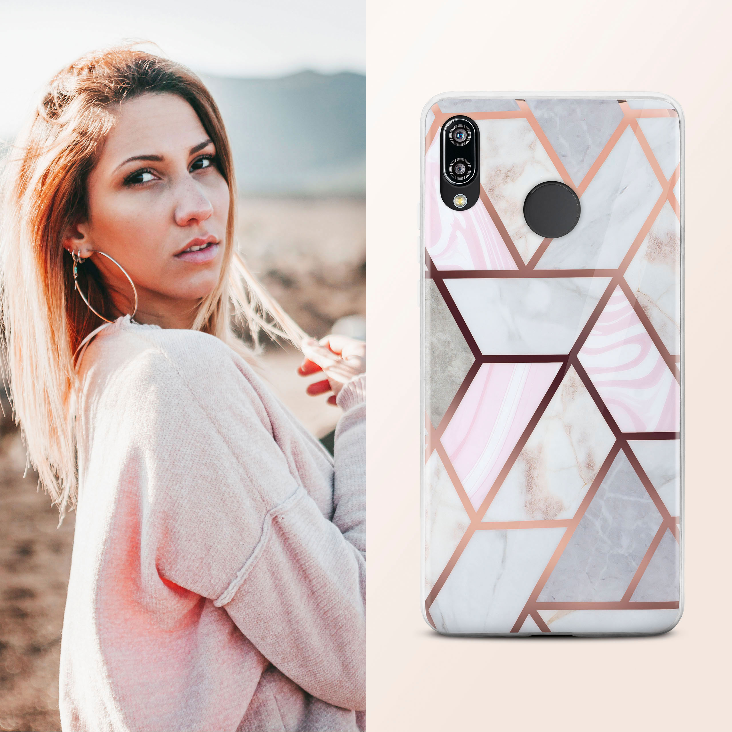 Eine Frau neben einer Handyhülle mit marmornem geometrischen Design. Der Hintergrund zeigt eine Landschaft.