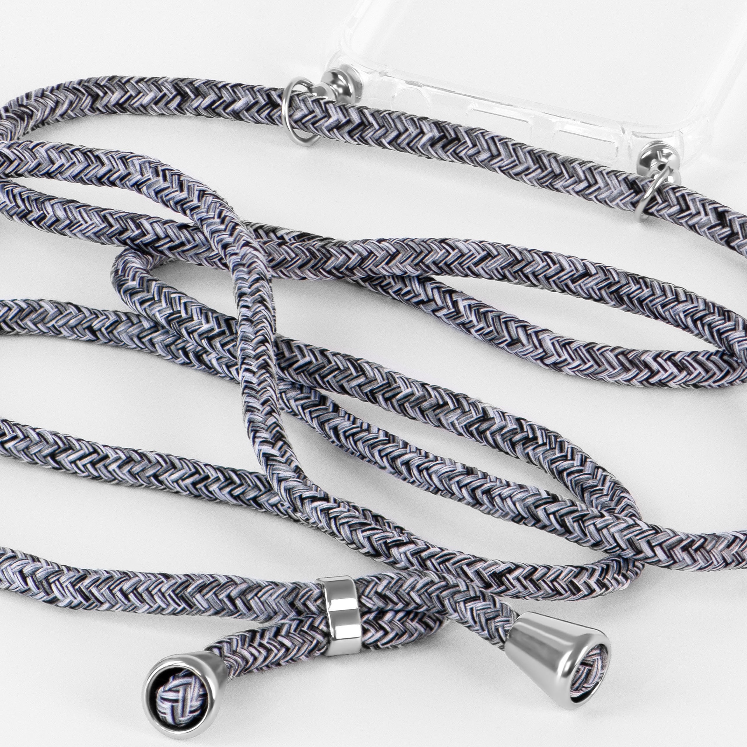 Geflochtenes Telefon-Lanyard. Schwarz-Grau-Farben, silberfarbene Anschlüsse.