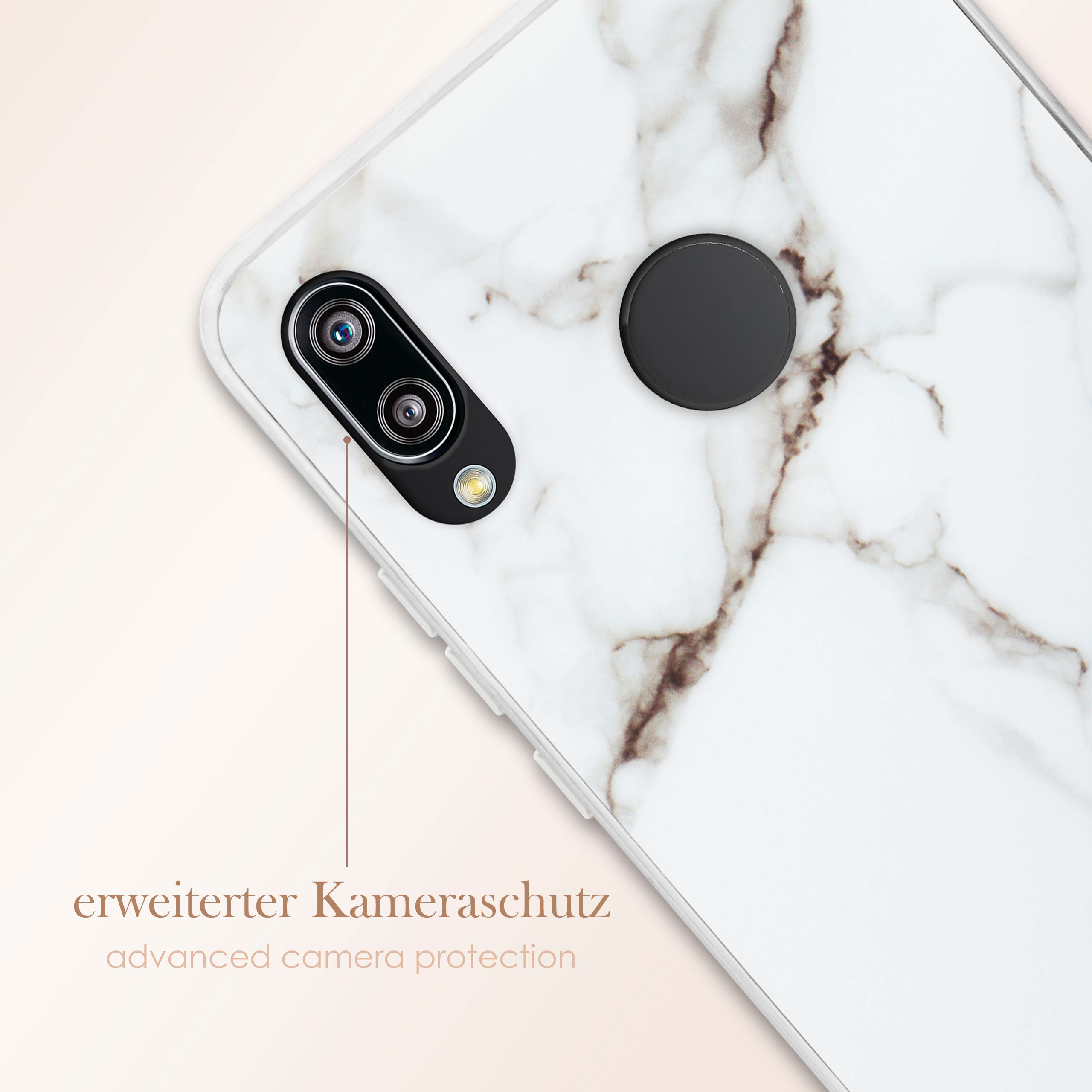 Weißes Handycase mit Marmordesign. Erweiterter Kameraschutz Text steht unten.
