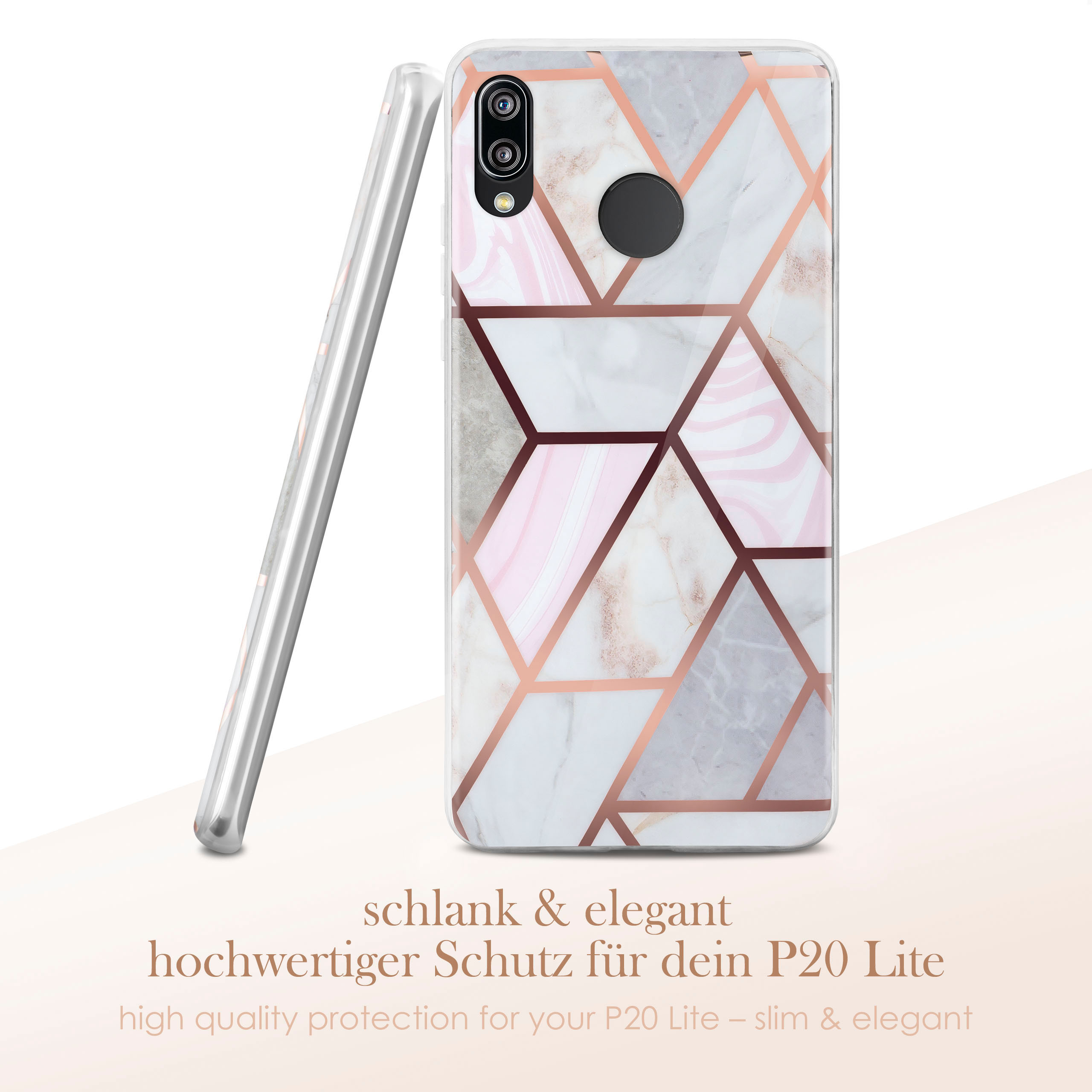 Eine Handyhülle mit weißem, rosa- und roségoldenem geometrischen Design auf weißem Untergrund. Text: 'Hochwertiger Schutz'.