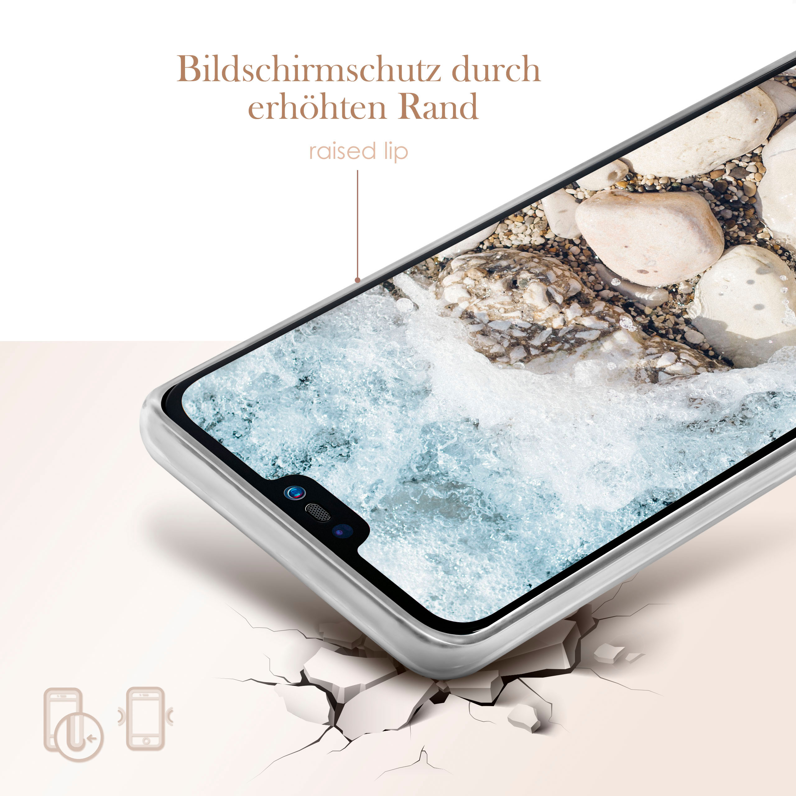 Telefon mit Wassertruktur auf dem Bildschirm in der Hülle, rissiger Boden. Text: Bildschirmschutz durch erhöhten Rand.