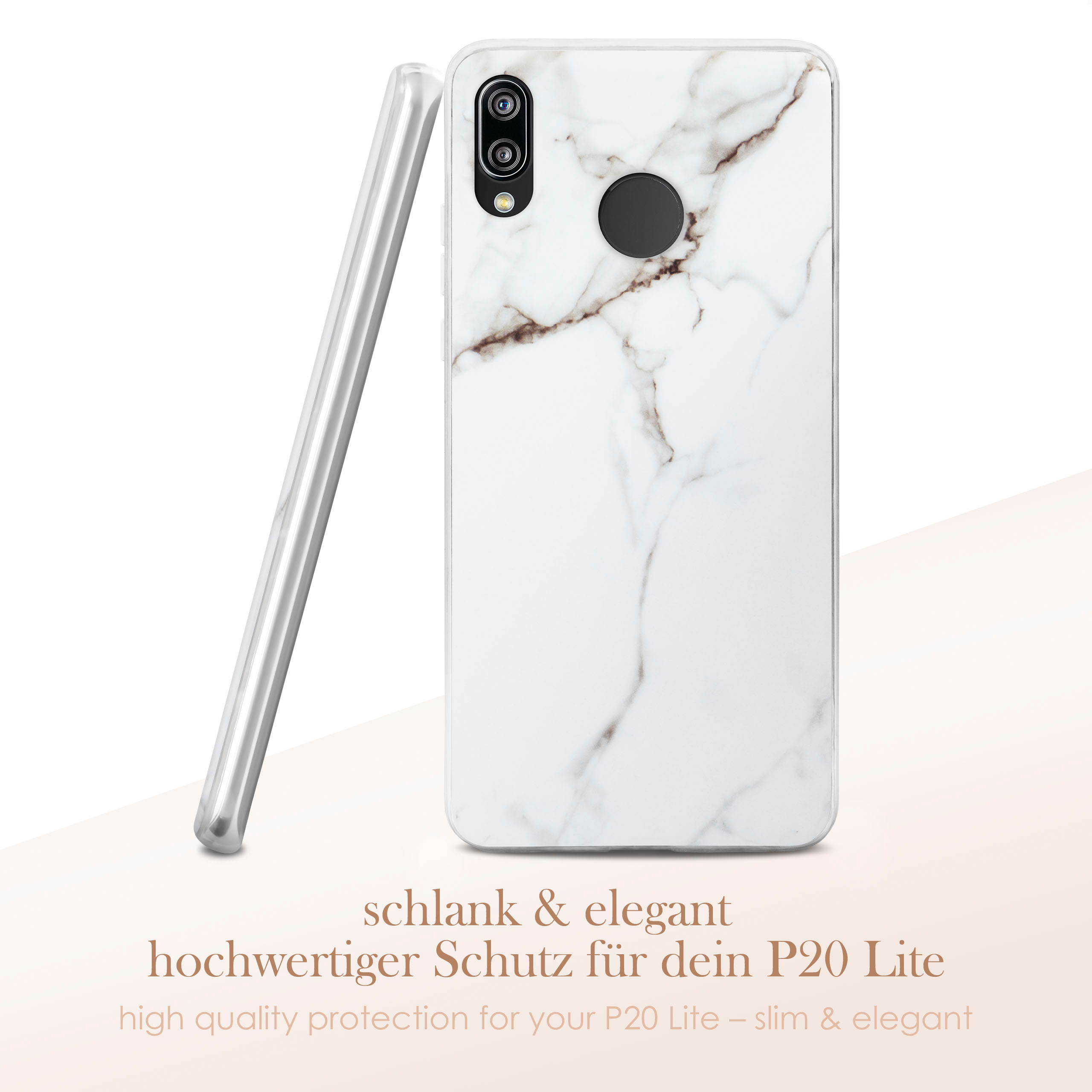 Weißes Marmor-Handyhülle mit klarem Rand. Text: Hochwertiger Schutz für Ihr P20 Lite.
