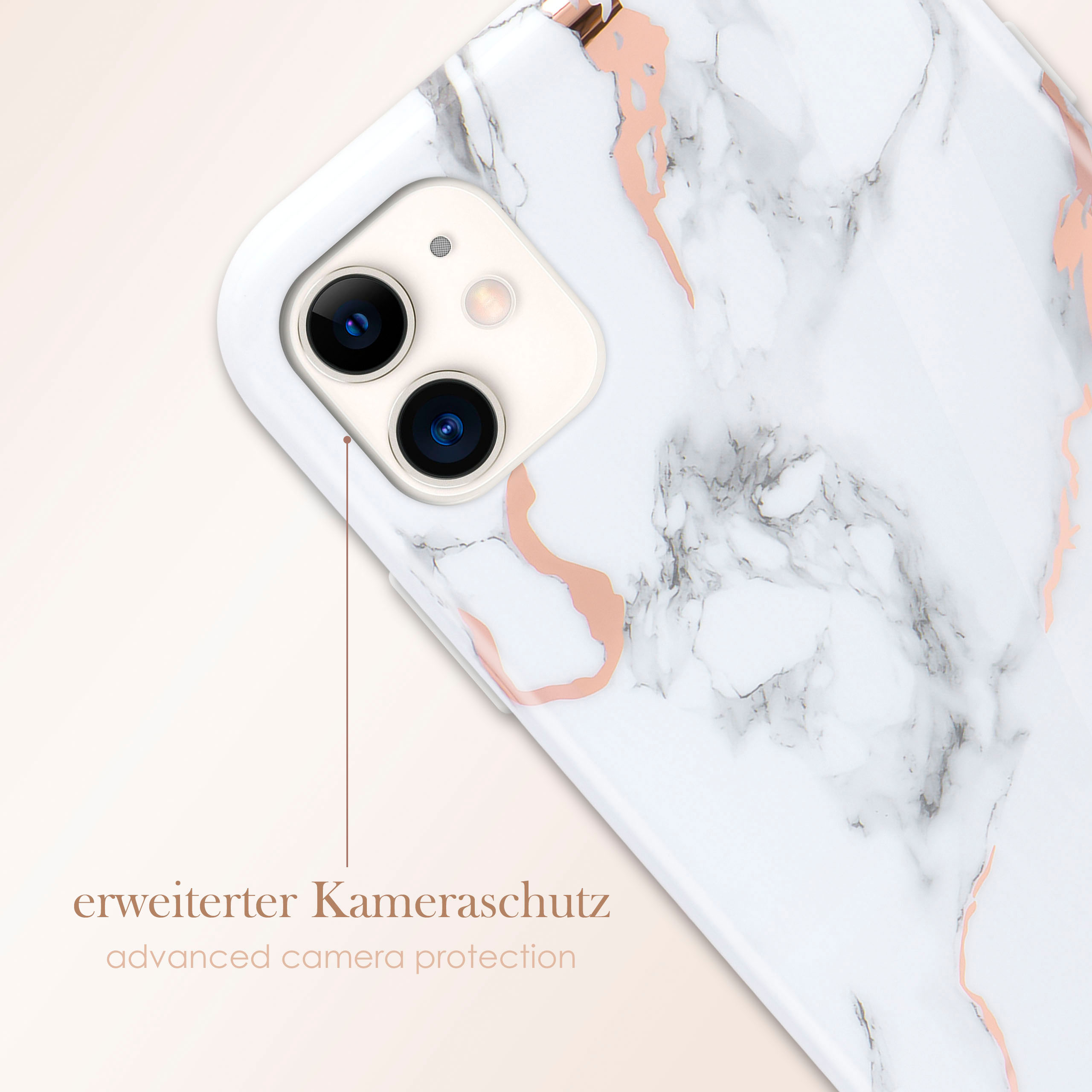 Weißes Marmor-Handycase mit rosa Streifen. Zwei Kameralinsen sichtbar. Text: Erweiterter Kameraschutz.