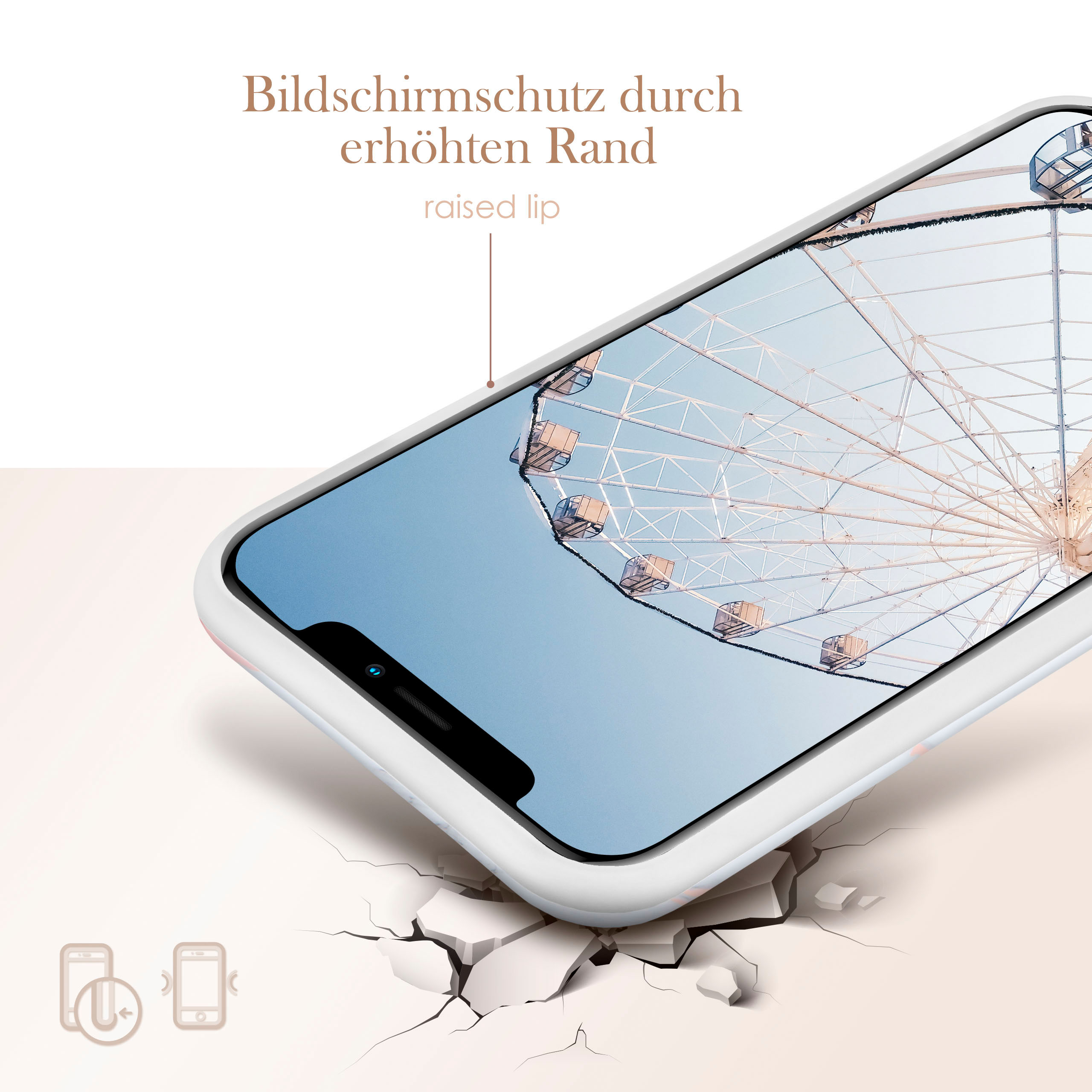 Ein Telefon in einer Schutzhülle, das eine Riesenradszene zeigt, Text: erhöhter Rand.