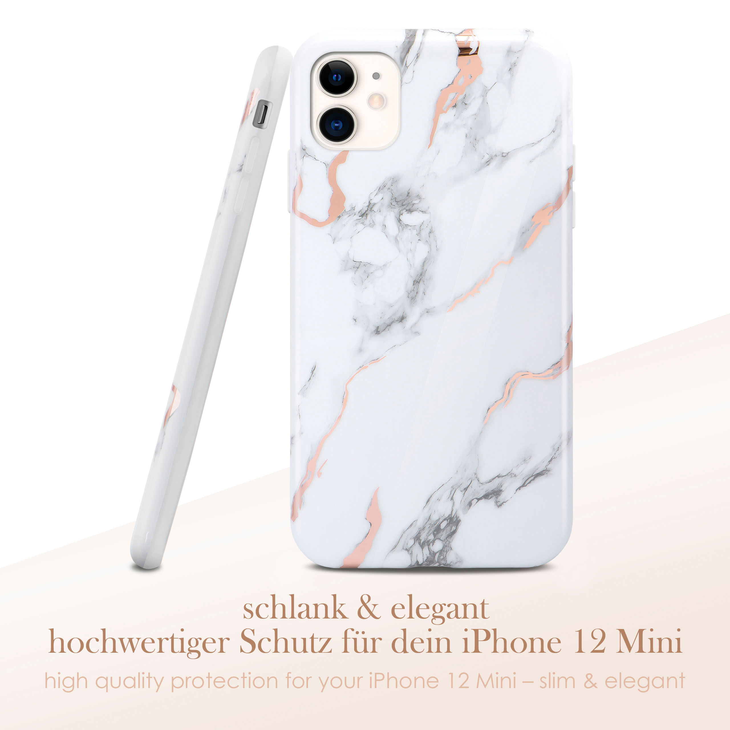 Weiße Handyhülle mit Marmordesign und roségoldenen Linien. Zusätzliche Hülle seitlich gezeigt.