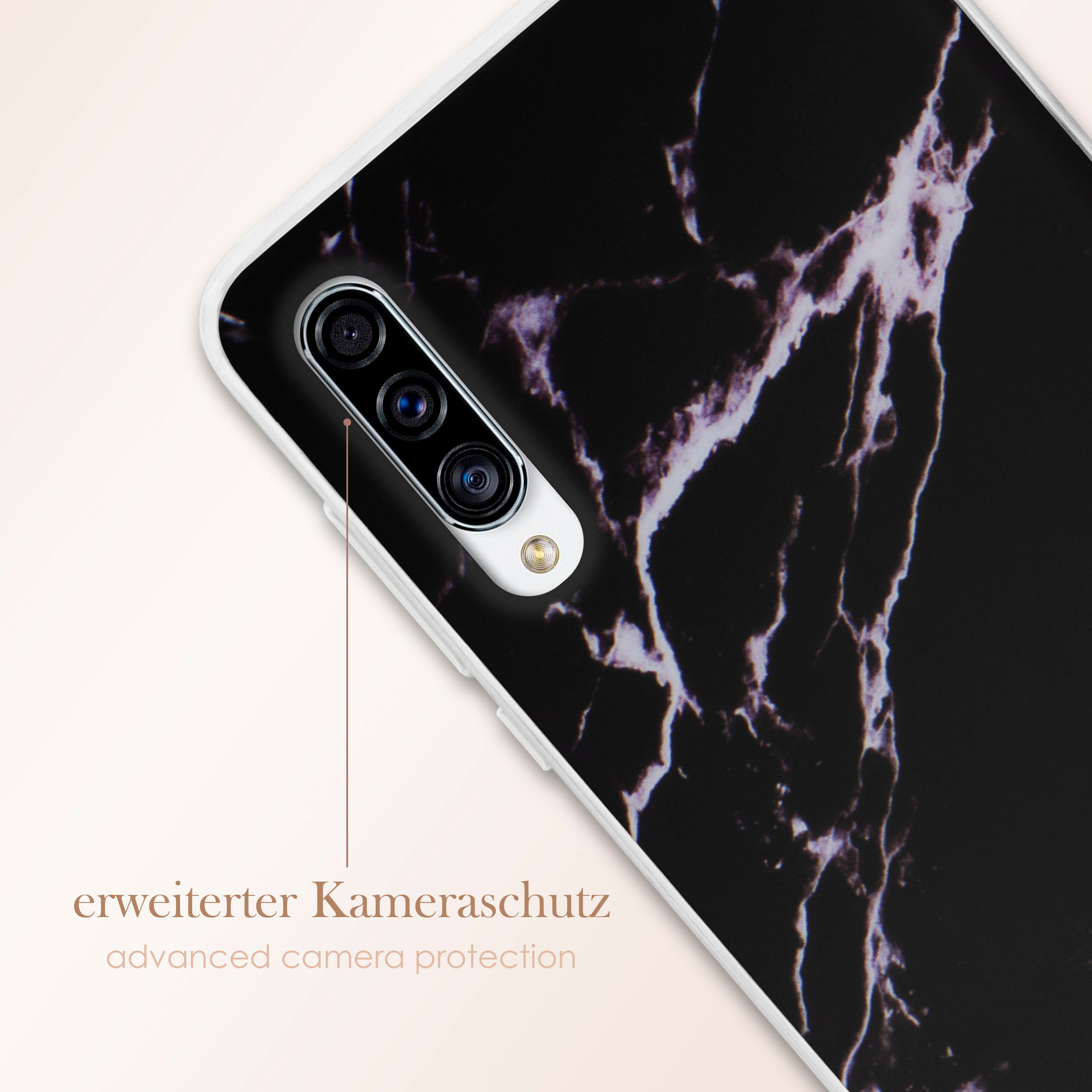 Nahaufnahme eines Telefons mit schwarzem Marmormuster. Kameraschutztext wird angezeigt.