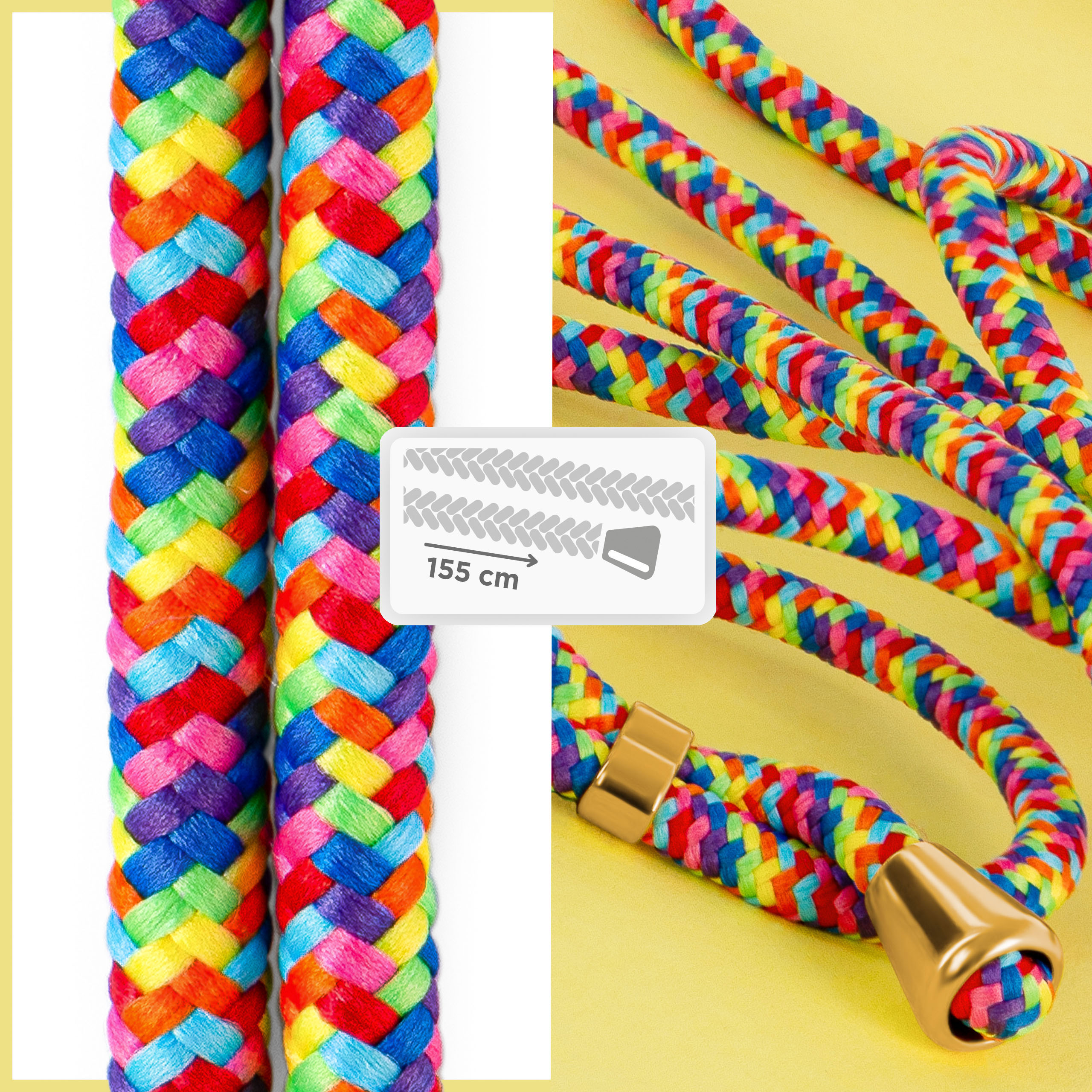 Regenbogenfarbenes geflochtenes Handy-Lanyard mit Goldakzenten. Zeigt Länge und Muster. Gelber Hintergrund.