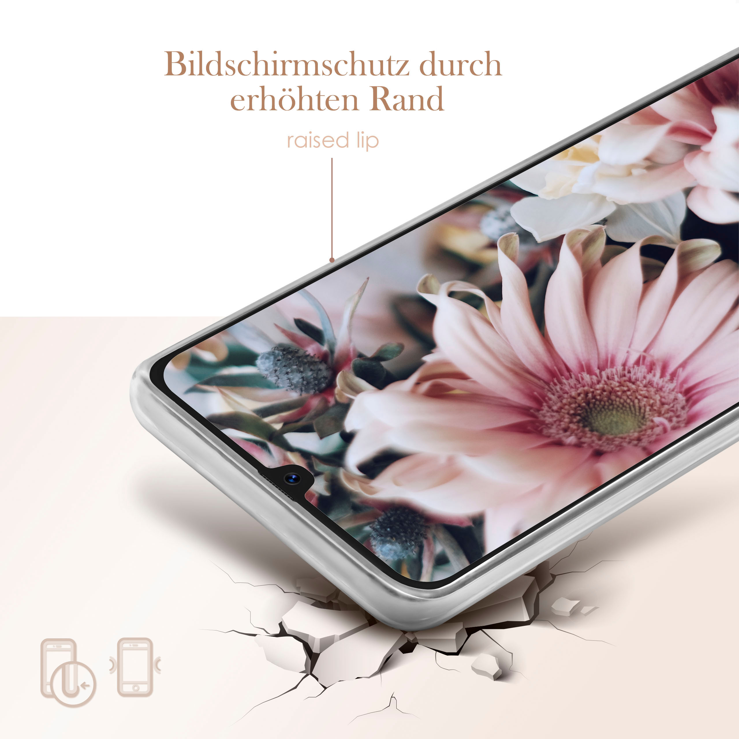 Handyhülle mit Blumendesign, erhöhte Lippe. Weißer Hintergrund mit zerbrochenen Teilen. Text: Bildschirmschutz.
