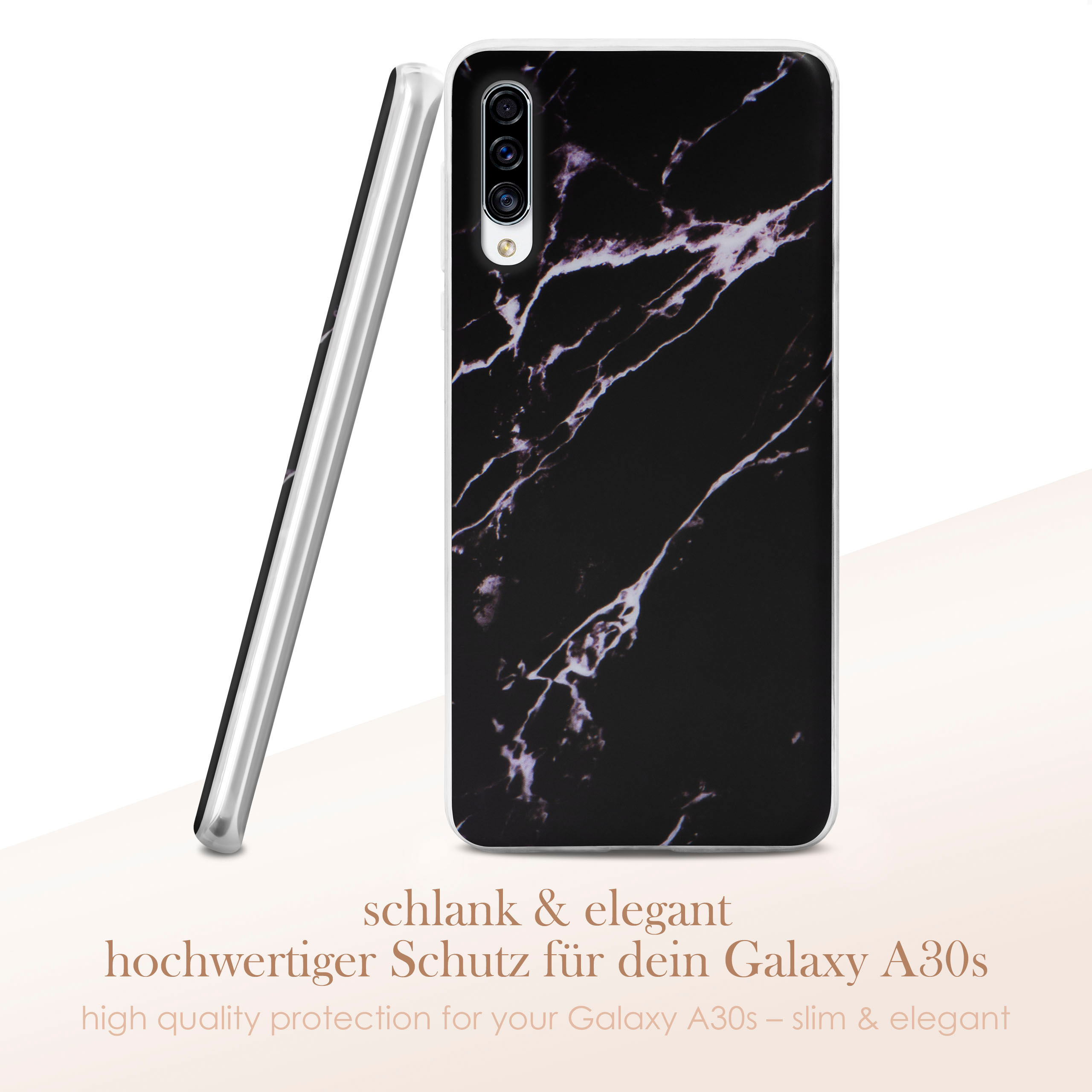 Schwarze Marmor-Handyhülle. Die Hülle wird neben dem Handy gezeigt.