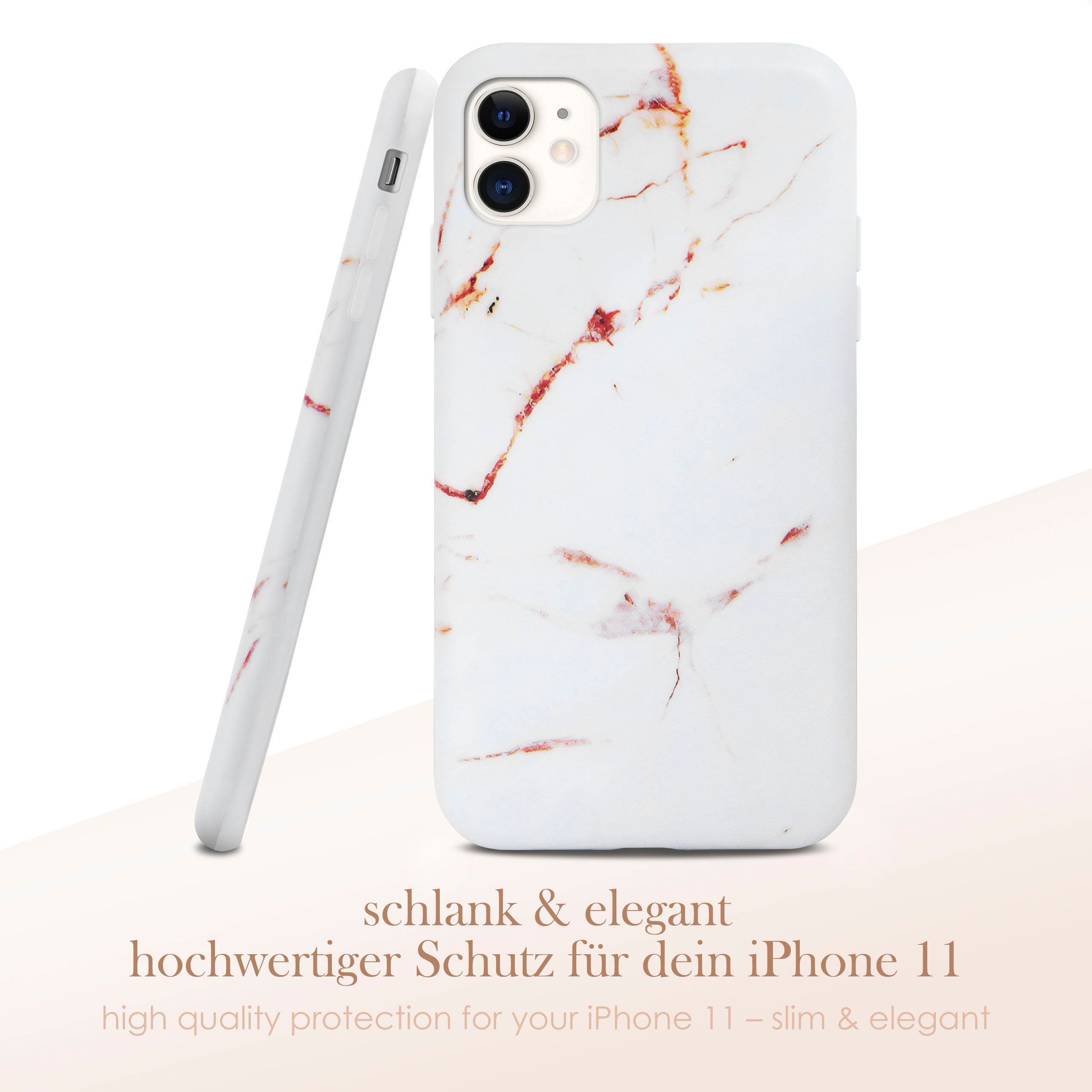 Weiße Handyhülle mit Marmordesign, Text sagt „schlank & elegant“ und „hochwertiger Schutz“.