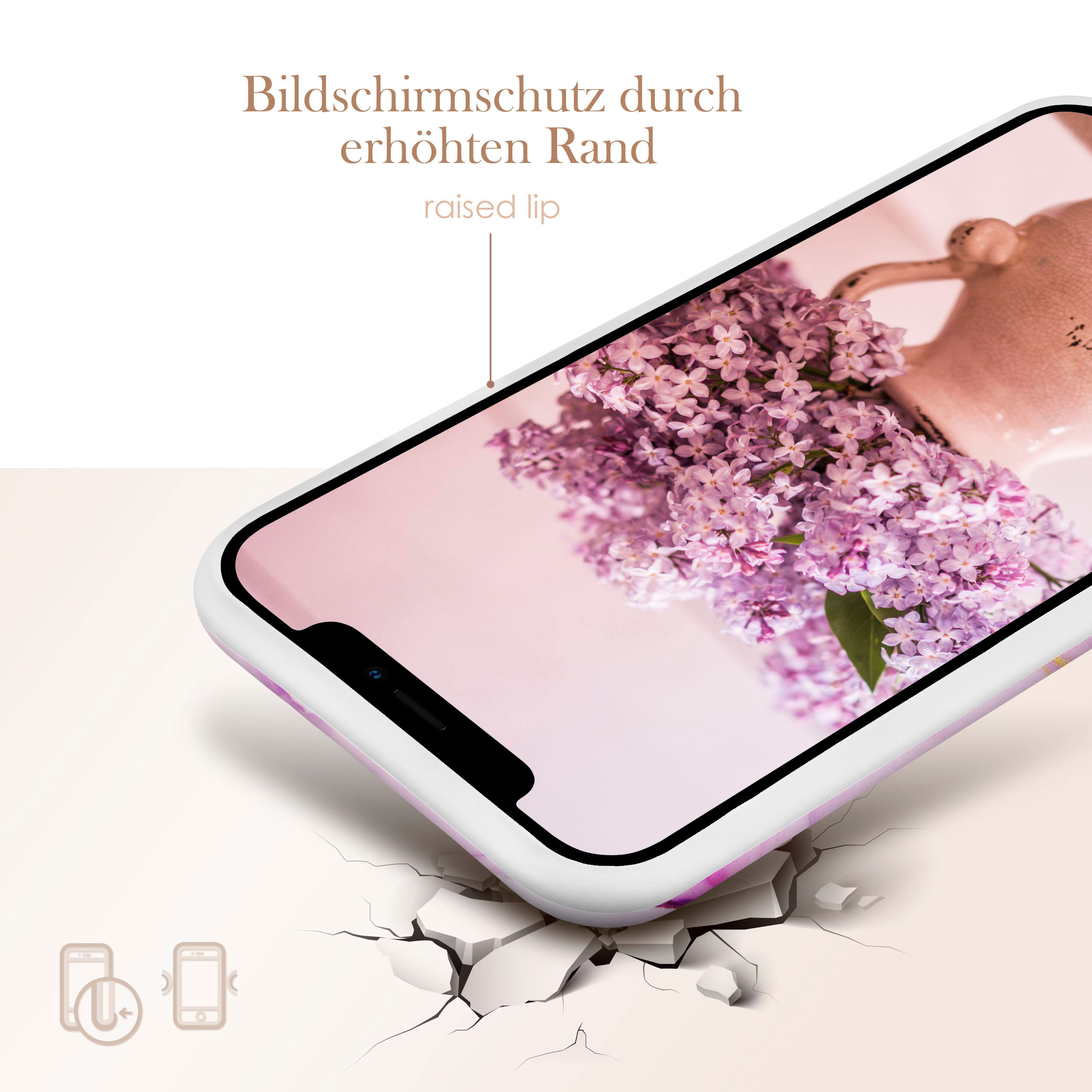 Handyhülle mit Blumen. Zerbrochener Boden im Vordergrund. Text: 'erhöhter Rand' und 'Bildschirmschutz'. Rosa Hintergrund.
